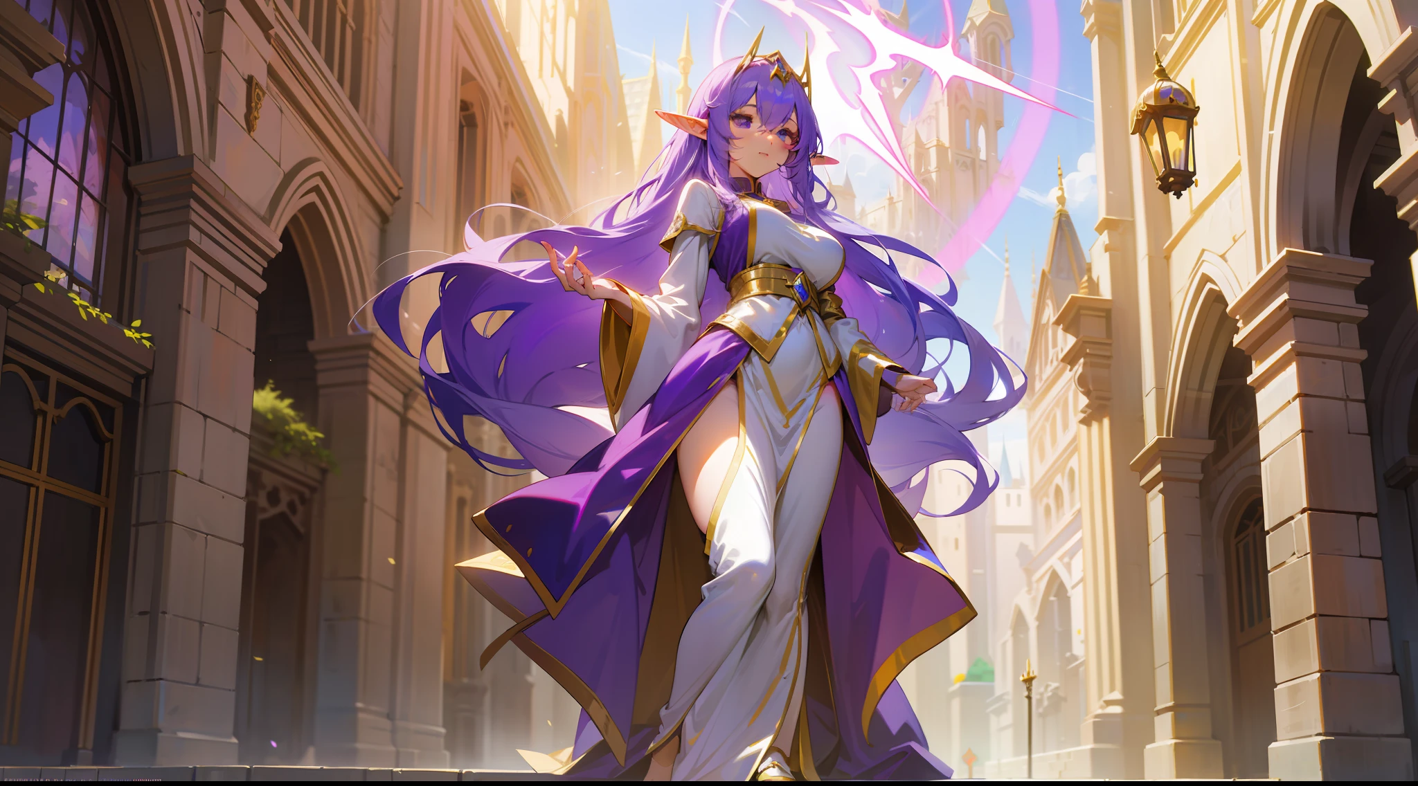 An elf mage, long lilac hair, bangs, large breasts, hair between the eyes, heroic posture, lilac eyes, full body, golden and purple robes, confident, fantasy, medieval, amid medieval streets, rays of sun