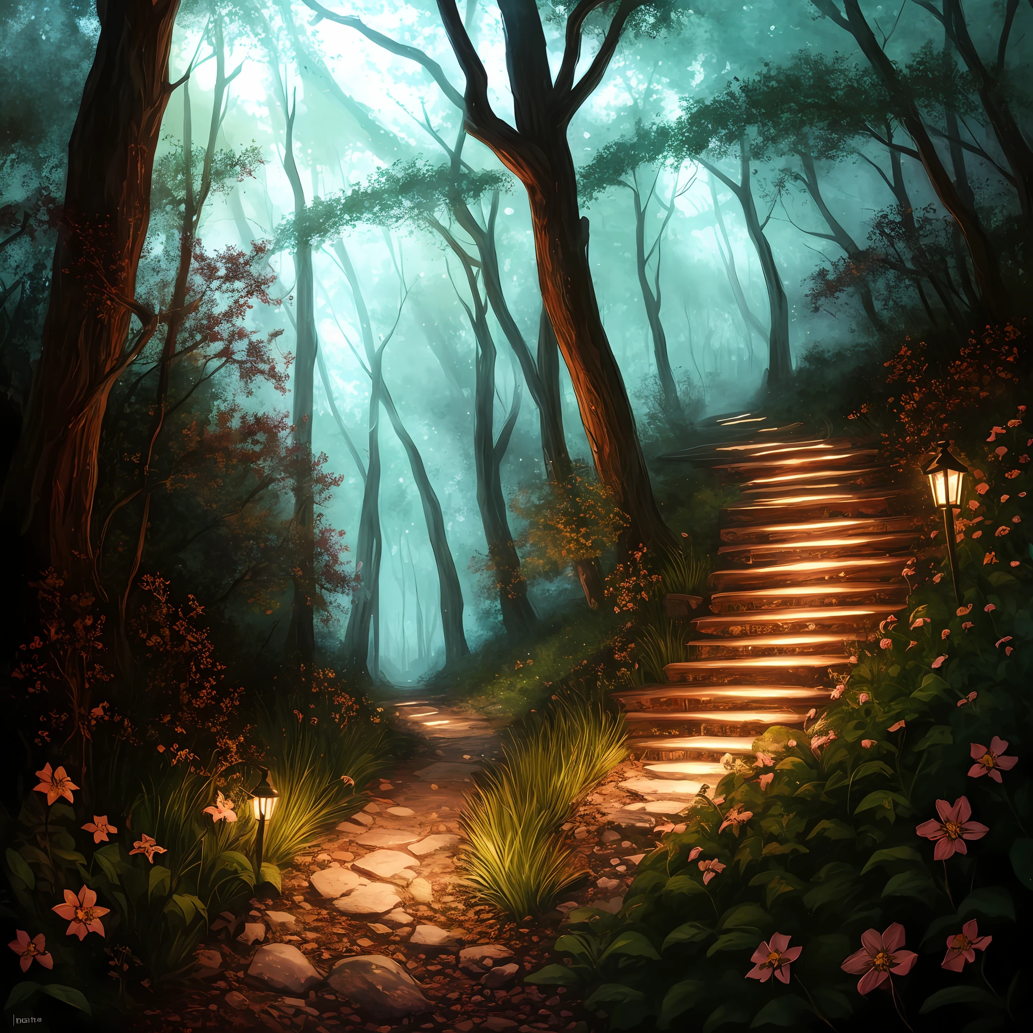 A path in the woods with lights on it and flowers growing next to it, there is a path leading to the right, chaingirldark style environment, dynamic lighting, realistic fantasy concept art, trends on art stands, stunning visuals, creative, cinematic, super detailed