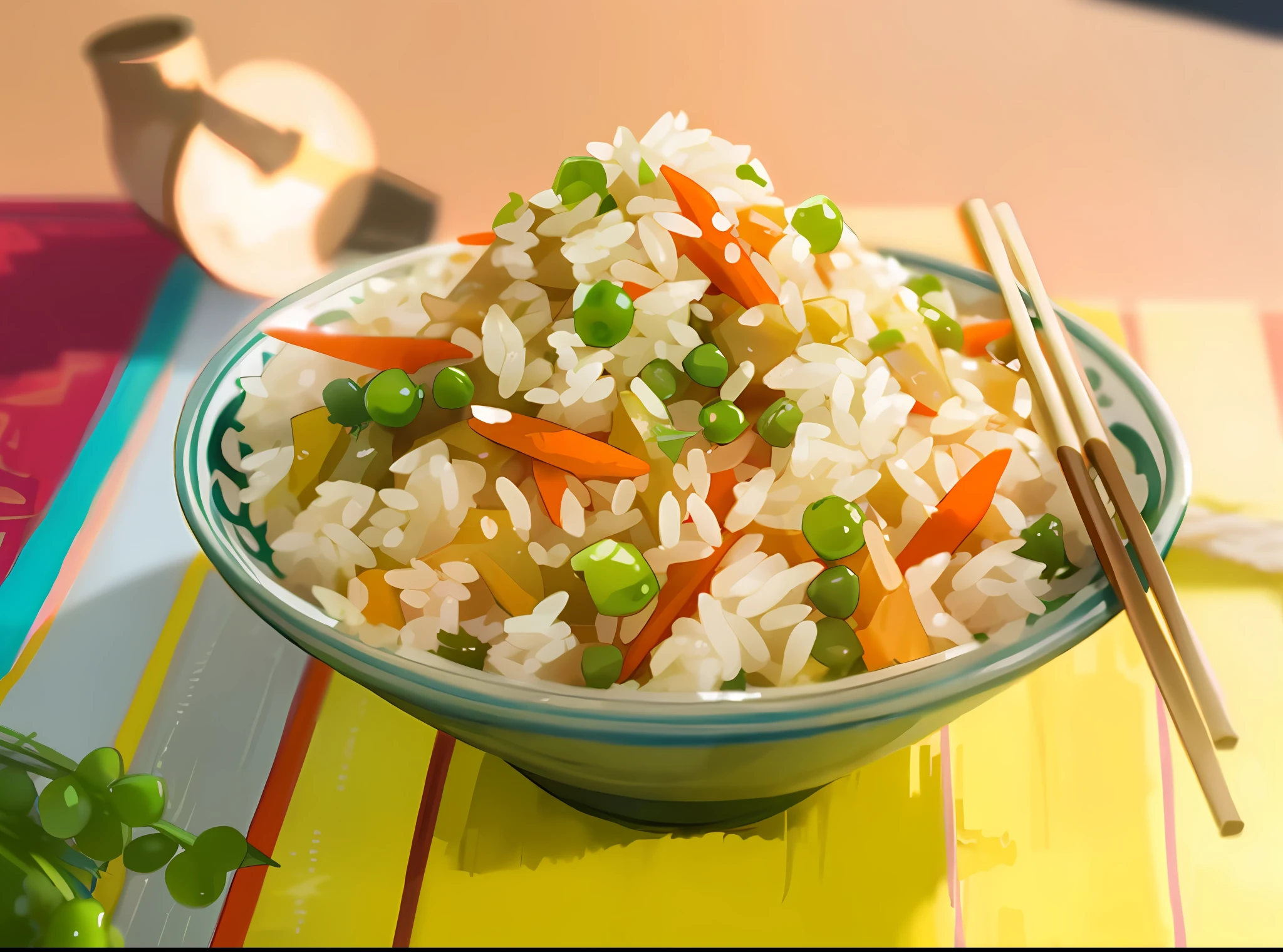 there is a bowl of rice with carrots and peas on a table, rice, chinese, wok, south east asian with long, brown, yummy, inspired by Li Di, stuffed, recipe, evan lee, very stylized, whole, easy go, pitt, mixed, green, easy, healthy, extremely intricate, 💣 💥💣 💥, unknown, sharn