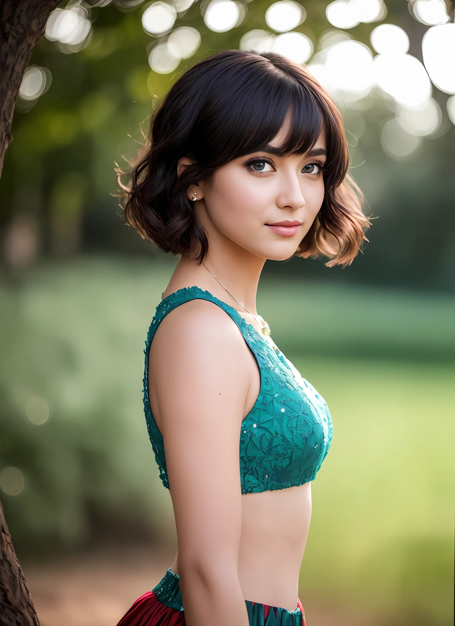 (masterpiece, best quality, high quality, highres:1.4), detailed, extremely detailed, 4K, perfect eyes, perfect body, emerald sustrai, 1girl, dark-skinned female, green hair, bob cut, classic outfit, red eyes, halterneck, solo, detailed face, ultra detailed eyes, looking at viewer, (cowboy shot), upper body, jungle, day, blue sky, sunbeam,(bokeh, UHD, HDR, highres, ultra detailed, intricate details, textural effects, absurdres, masterpiece, 8k:1.2),