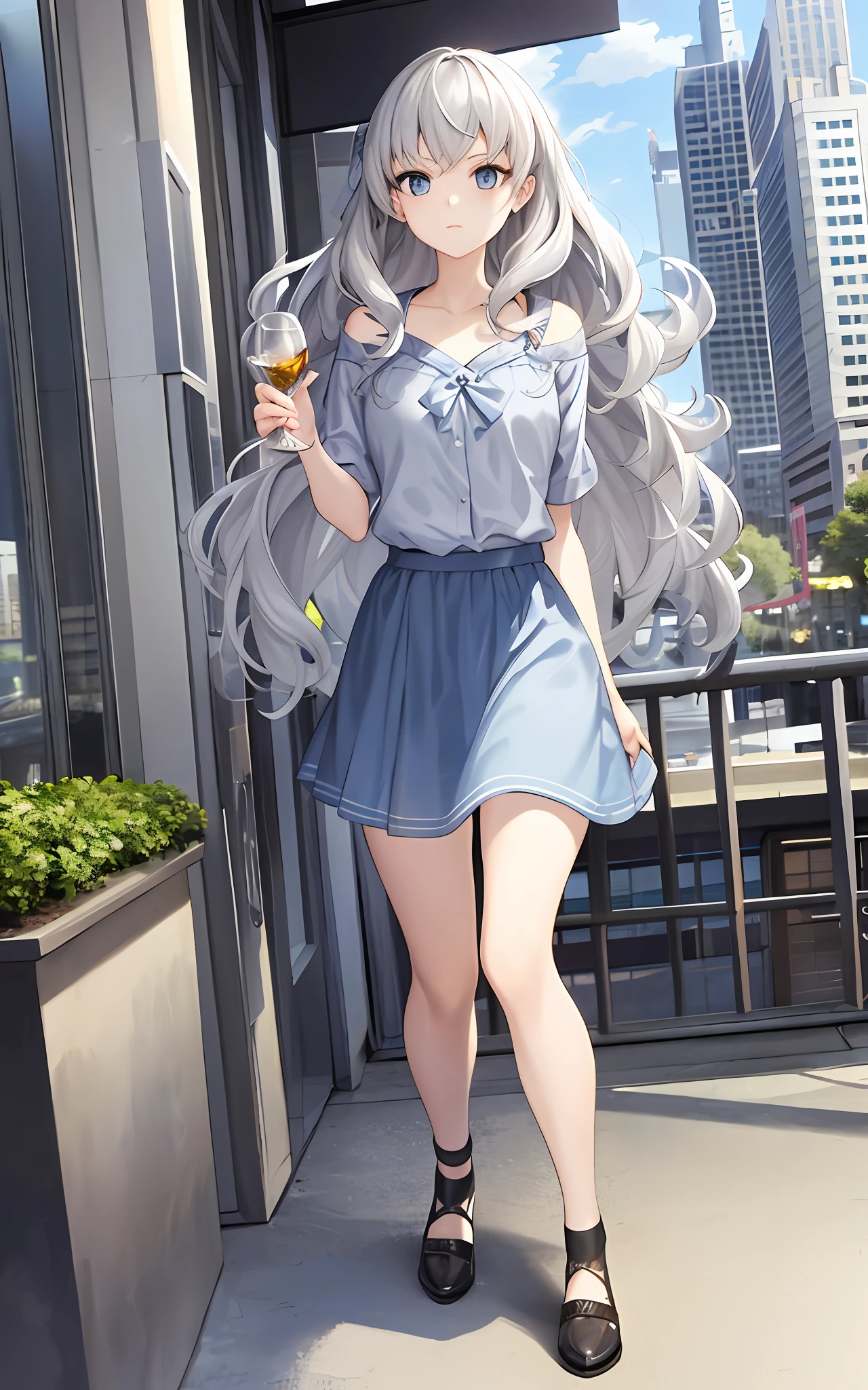 Girl, Solo, 23 years old, in the city, silver hair, blue eyes, wavy hair, sister's plain clothes (loose fluffy), temple, staring up at the sky, drunk,