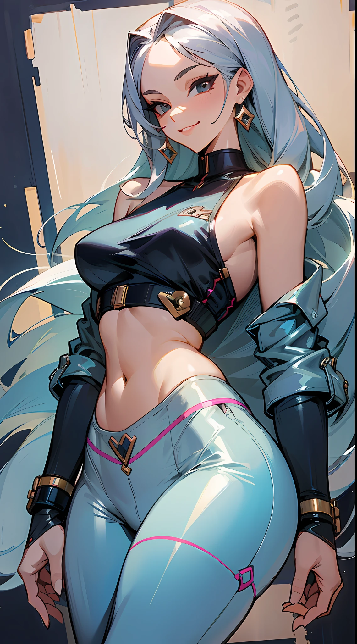 Best quality, masterpiece, portrait, perfect anatomy, flawless, 1woman, solo, sexy, stylish, mature, silver pants, croptop, long hair, feminine, cool, queen, correct female anatomy, sedictive, smile