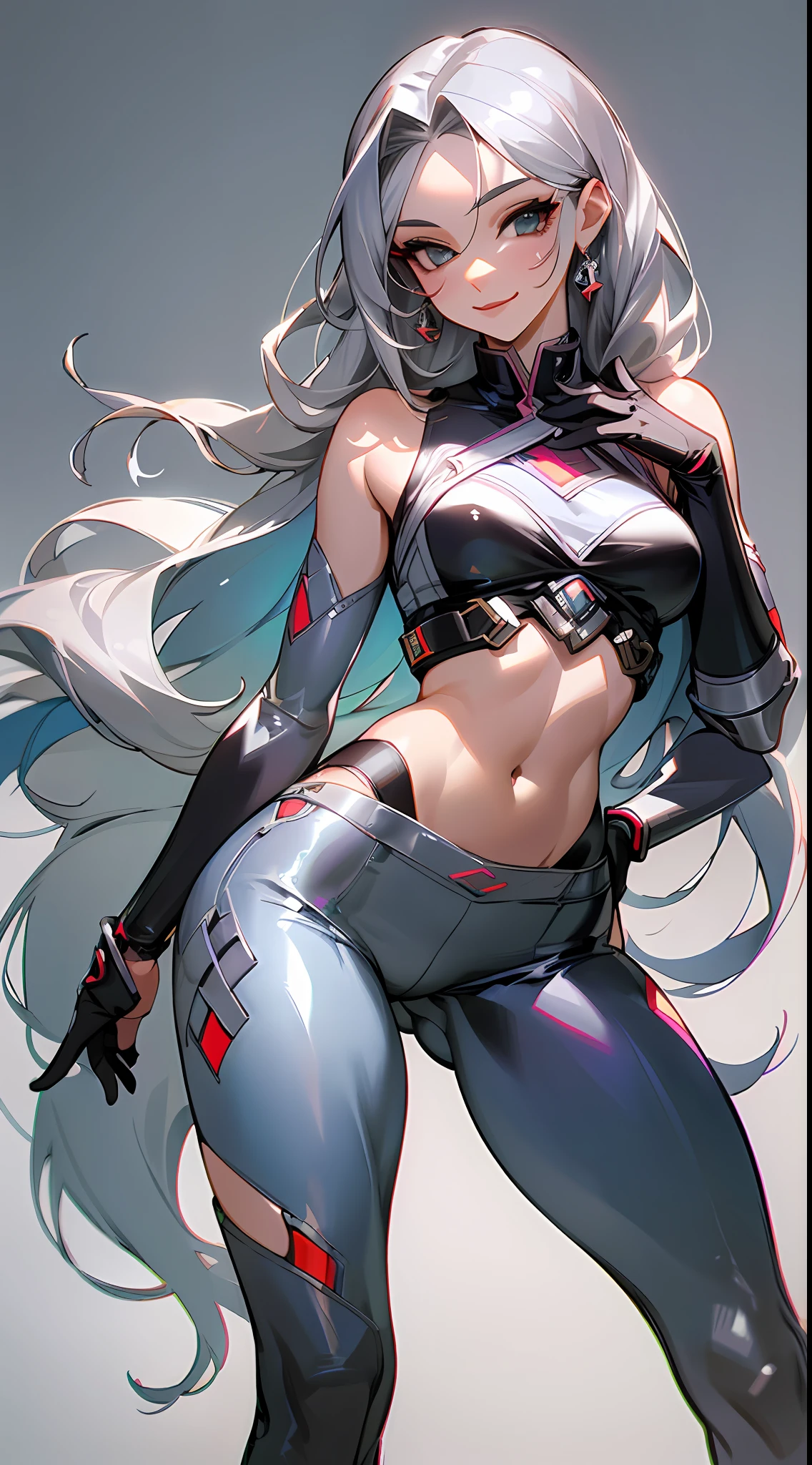 Best quality, masterpiece, portrait, perfect anatomy, flawless, 1woman, solo, sexy, stylish, mature, silver pants, croptop, long hair, feminine, cool, queen, correct female anatomy, sedictive, smile