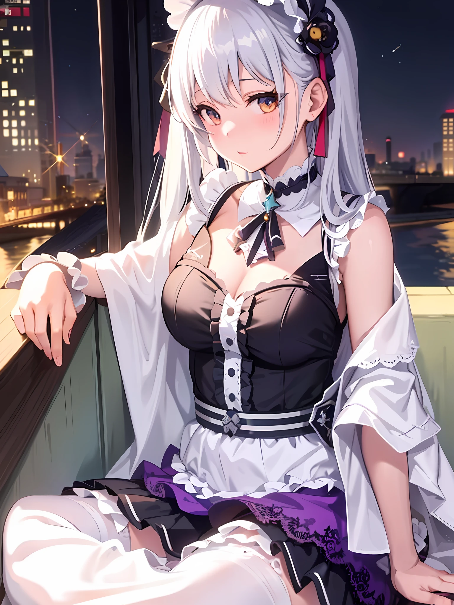 anime girl in a maid outfit sitting on a bench with a city in the background, best anime 4k konachan wallpaper, fine details. girls frontline, sh, from girls frontline, from the azur lane videogame, nightcore, azur lane style, cute anime waifu in a nice dress, perfect white haired girl, seductive anime girl, smooth anime cg art