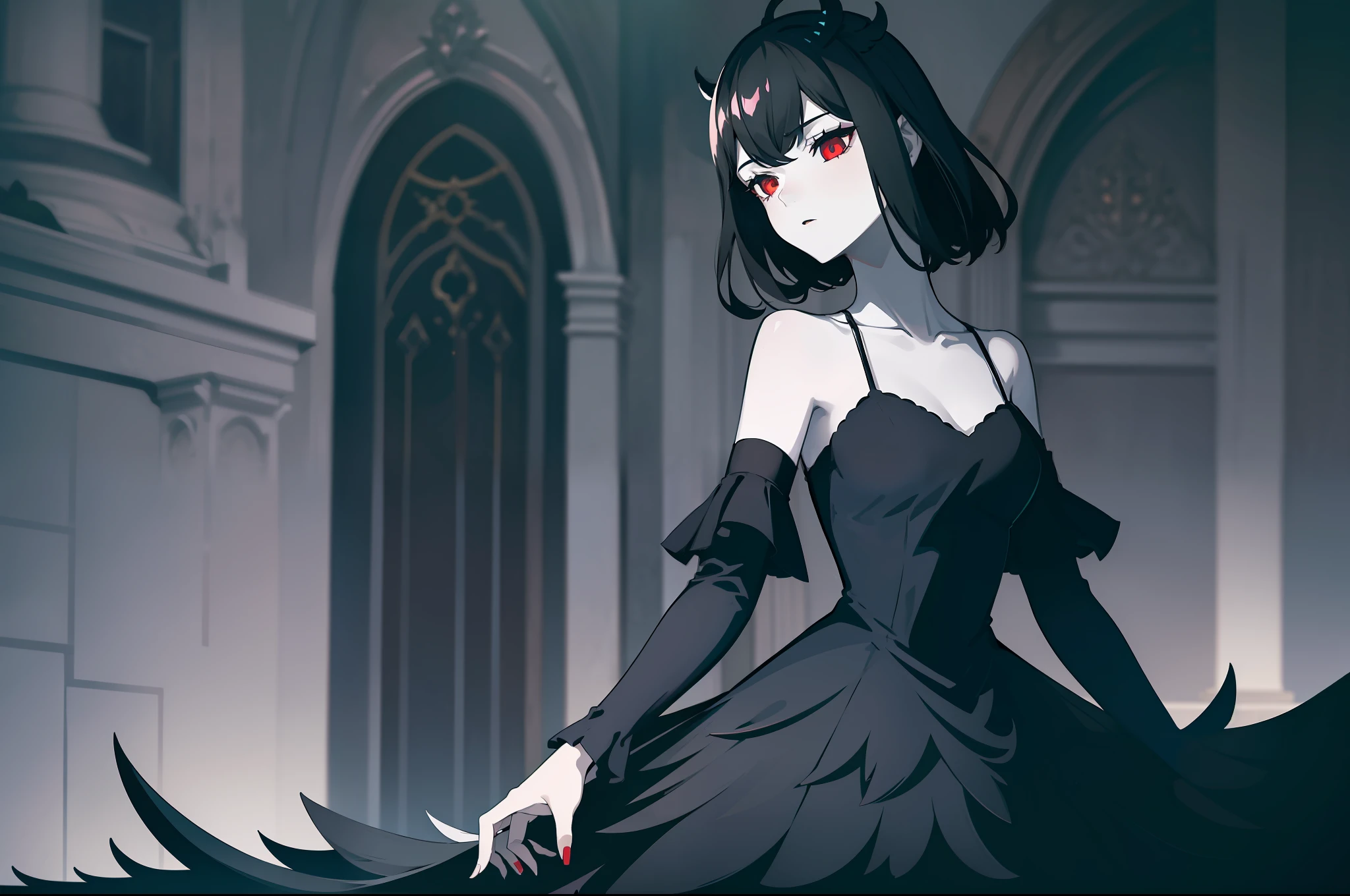 1girl, black dress, (pale skin), (slim), dark, black sphere, (wizard queen), levitating, night, red eyes, black hair, (bare shoulders), gothic, masterpiece, elegant, palace, interior, magic effect, dark aura