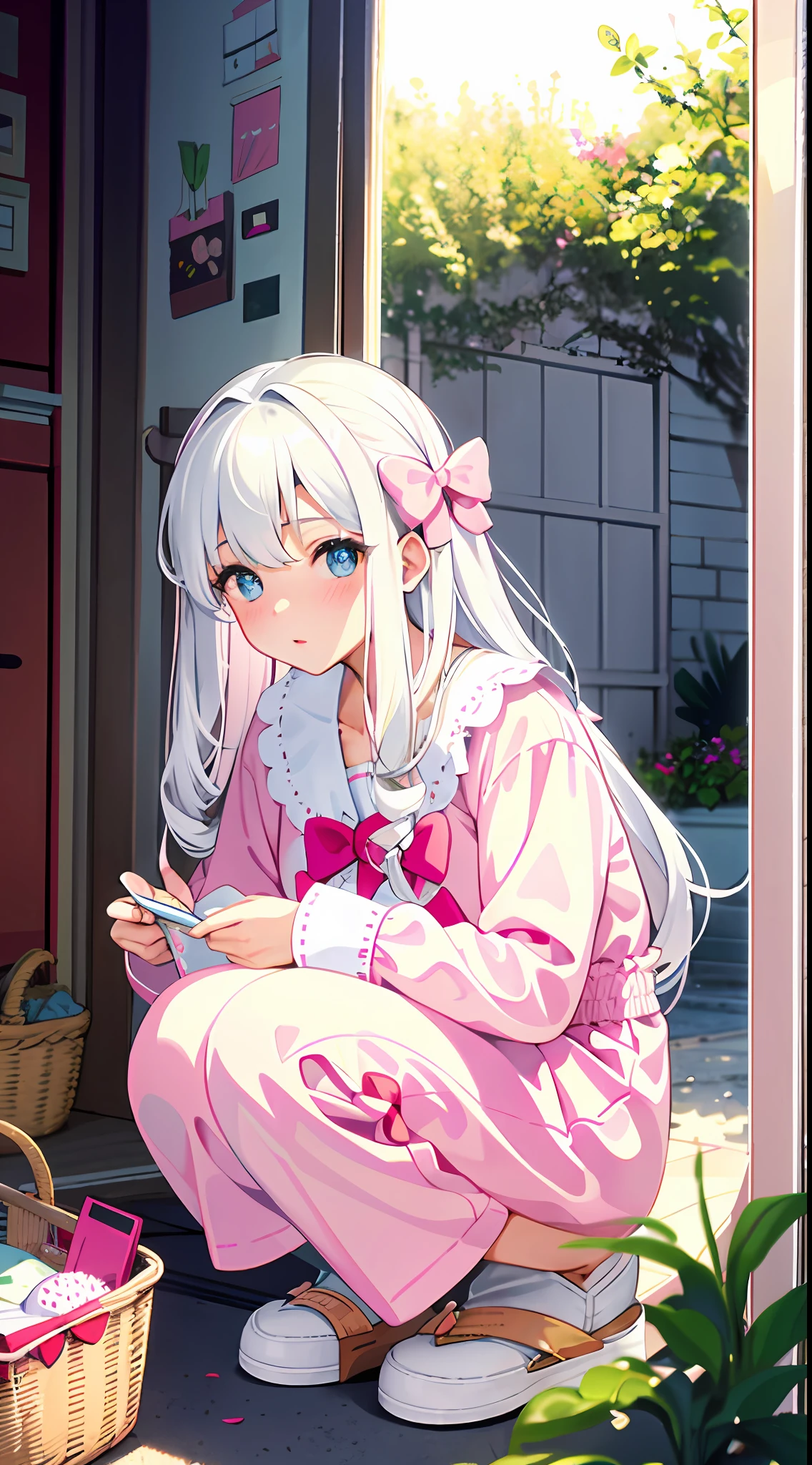 masterpiece, best quality, super detailed, illustration, medium view, beautiful detailed eyes, vista, wide angle, at home, a girl, white hair, pink bow, white pajamas. Squatting on the ground, clothes basket