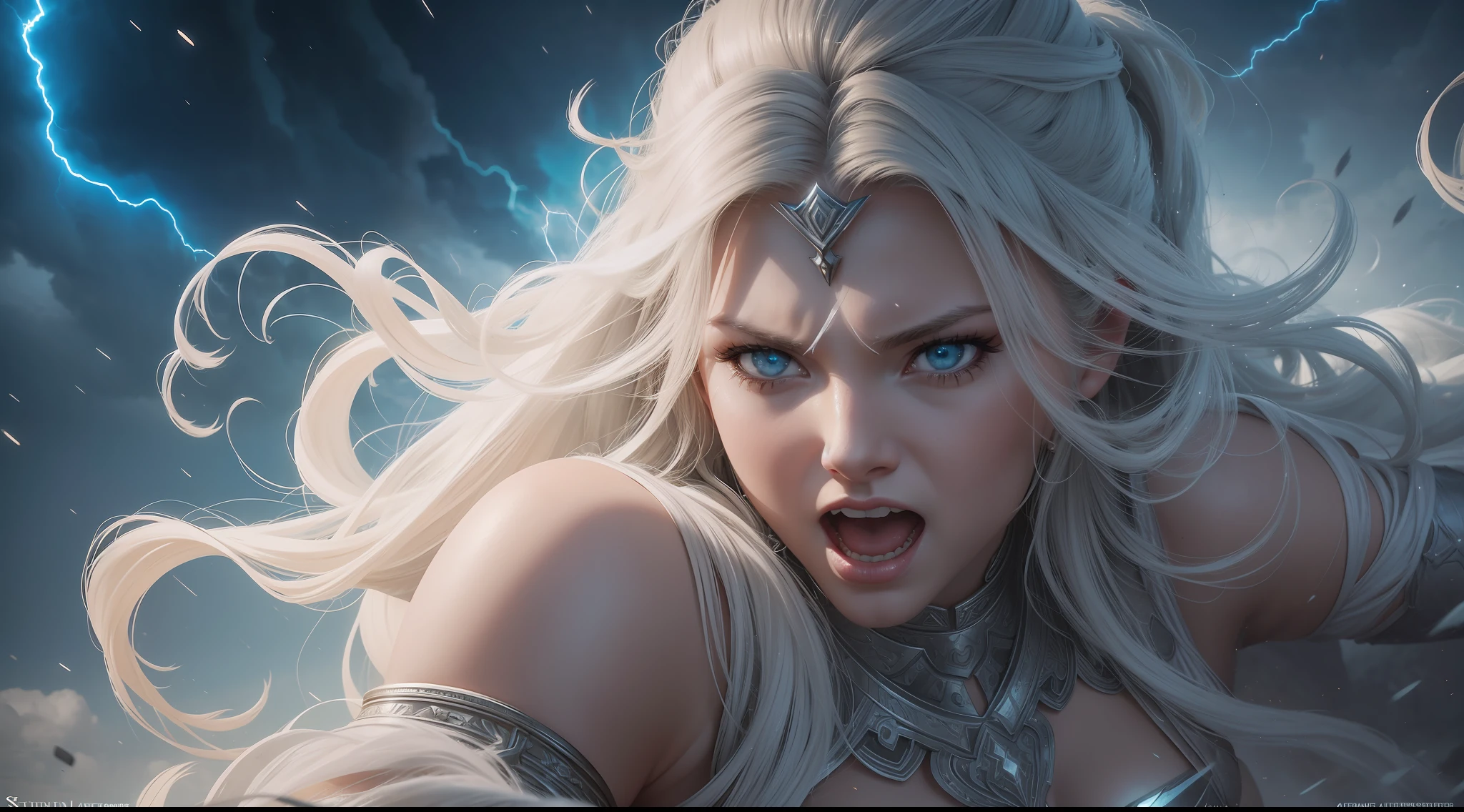 20-year-old barbarian woman in dynamic pose + battle cry and [white color of long transparent dress] + Intense cyclone effects in the ground + ultra detailed realistic cinematic lighting + Art by Stanley Artgerm and WLOP, epic scene, sunlight, high detail, clear focus, illustration, 8K, beautiful oil painting, lightning,