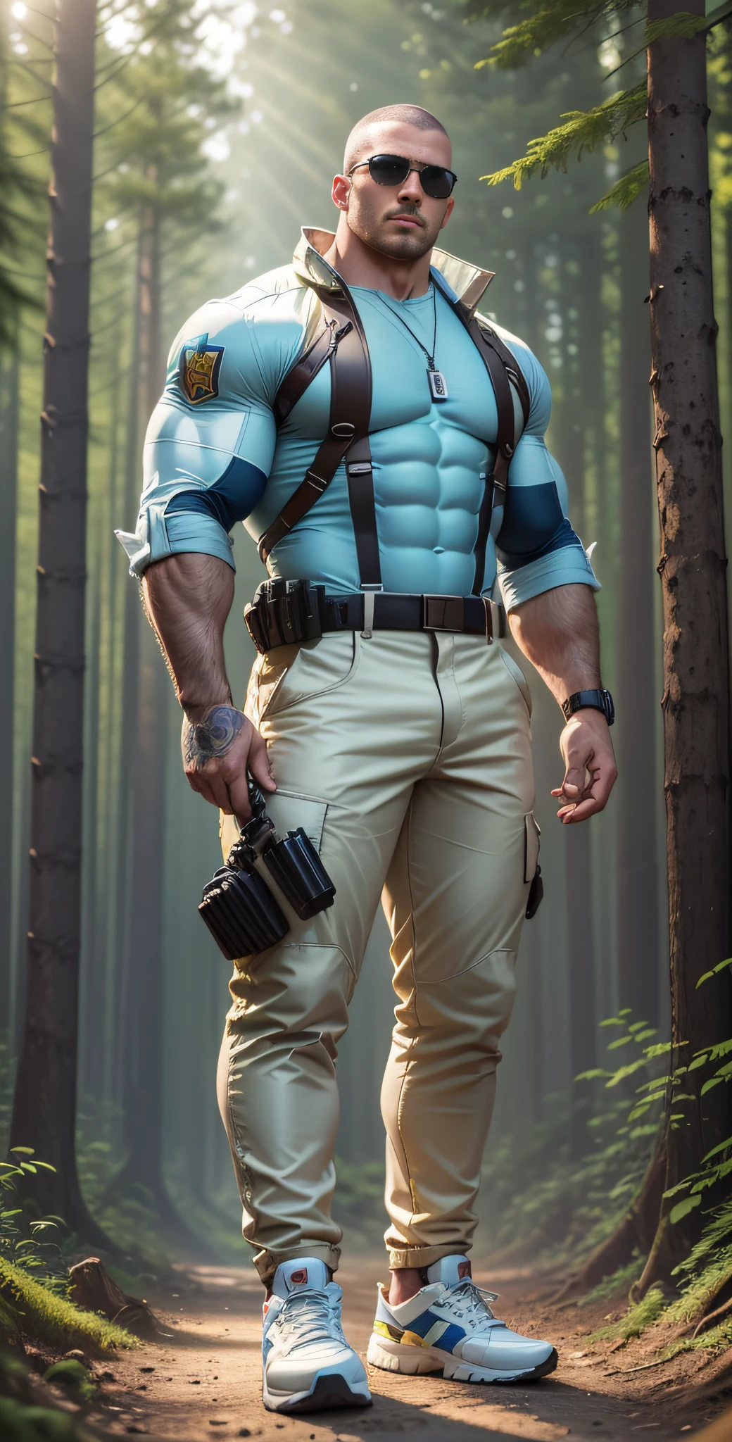 Man in off-white clothes standing in sunny forest, American round head, Buzz cut, national character face, tall and burly, muscular male hero, heroic male pose, muscular! Wearing sunglasses, skins brand stealth suit, super buff and cool, high resolution committee, character design police, sneakers, charismatic strong male with armor, sunlight shining through the gaps in the woods