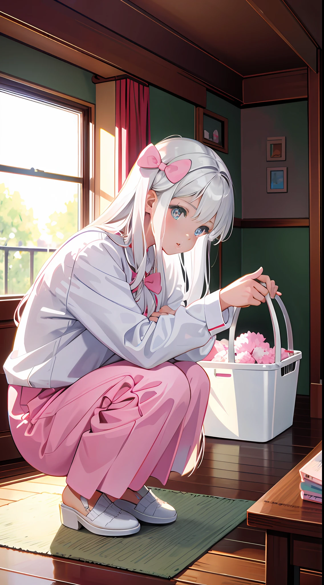 masterpiece, best quality, super detailed, illustration, medium view, beautiful detailed eyes, vista, wide angle, at home, a girl, white hair, pink bow, white pajamas. Squatting on the ground, clothes basket