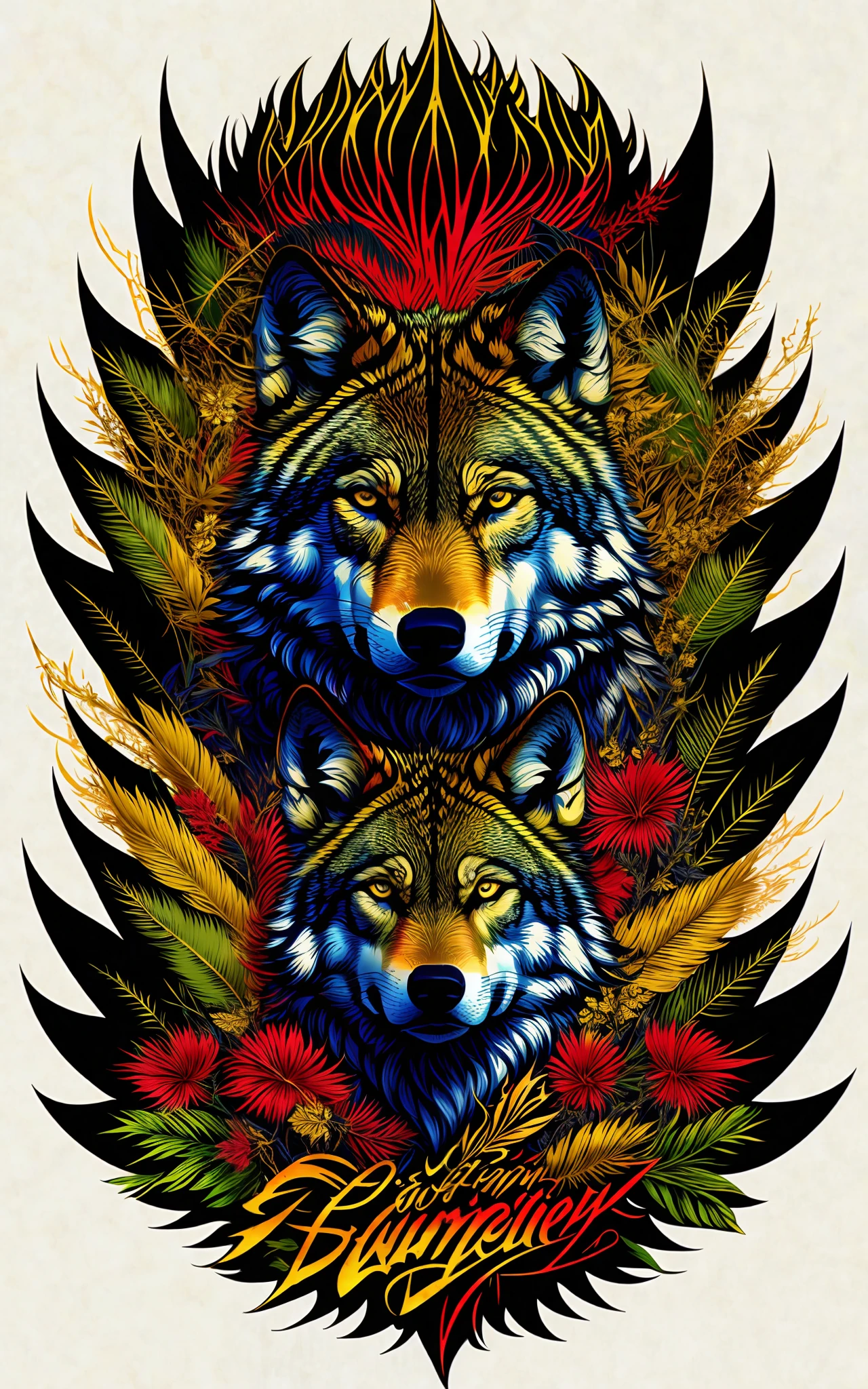 Ed Hardy Christian Audigier-style vector print: Wild wolf surrounded by lush foliage and tribal patterns. Striking lines, dynamic curves and elaborate details. Intense colors (black, red, gold). Striking typography. Basic settings: Pixel 1080x1080, Resolution 1, White Background. Advanced settings: Euler Method, Steps 20, CFG Scale 10, Seed 123, Upscale 2. Tags: [masterpiece], Ed Hardy, Christian Audigier, vector print, wolf, foliage, tribal details, typography, intense colors, general use