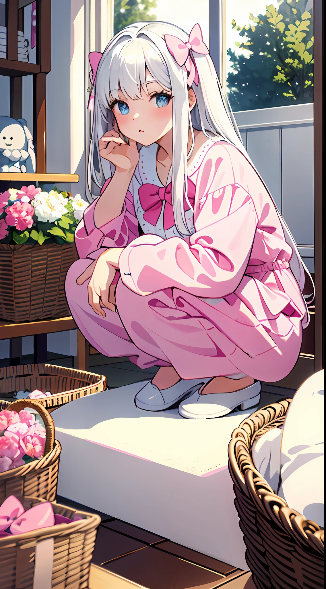 masterpiece, best quality, super detailed, illustration, medium view, beautiful detailed eyes, vista, wide angle, at home, a girl, white hair, pink bow, white pajamas. Squatting on the ground, clothes basket
