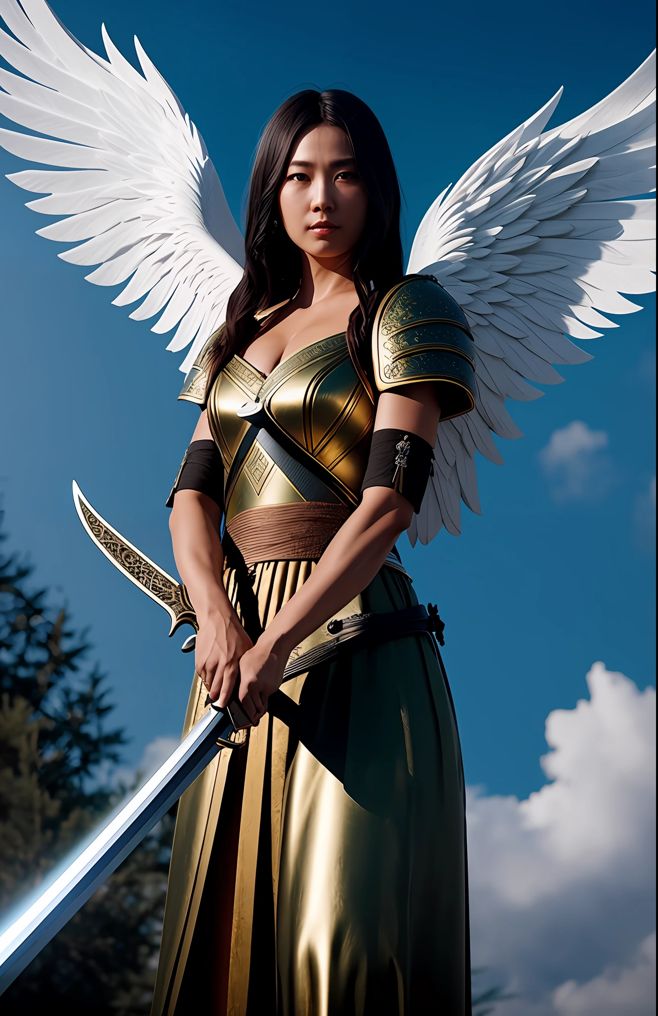 Create a powerful angel with ultra realistic 8k non-māo sword