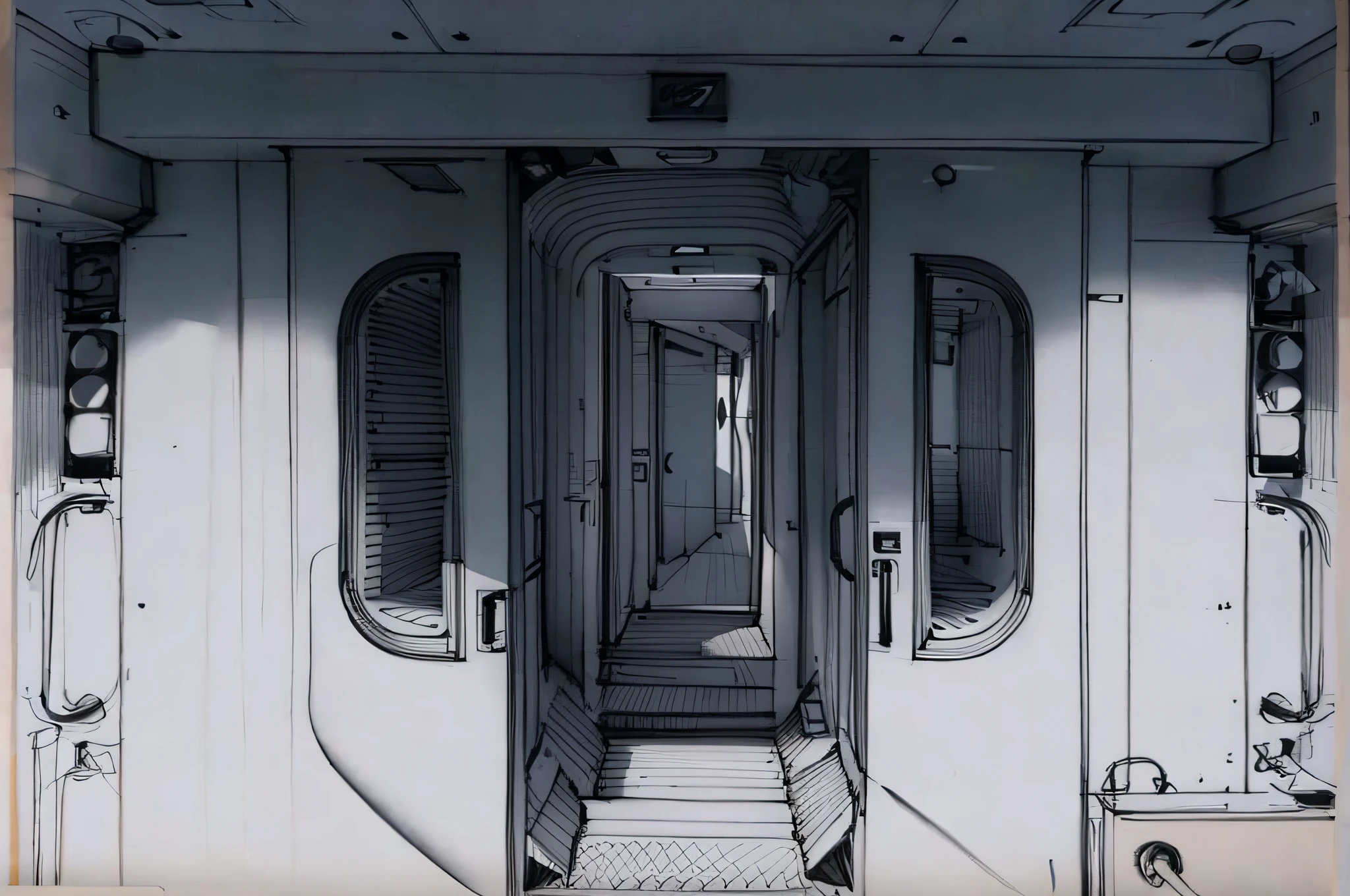 sketch, sketch, pen_sketch_style, there is a landscape car inside, reserved seat, passage