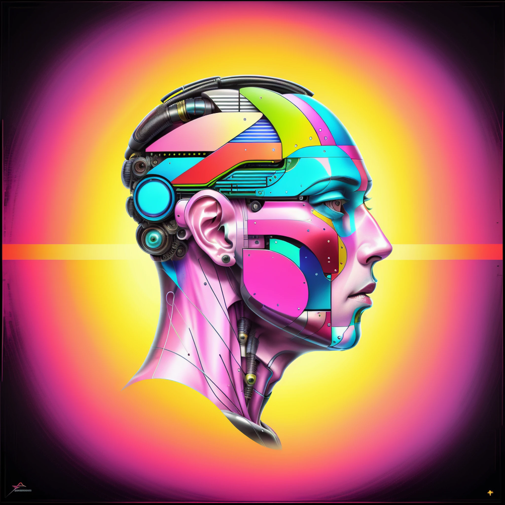 painting of a man with a colorful head piece on his face, cmyk portrait, psychedelic organic cyborg, symmetry!! portrait of cyborg, cybernetic head, surreal psychedelic design, humanoid portrait, symmetrical portrait scifi, vivid colors anatomical, psychedelic digital art, anatomy portrait, portrait digital art, tool band art, detailed portrait of a cyborg