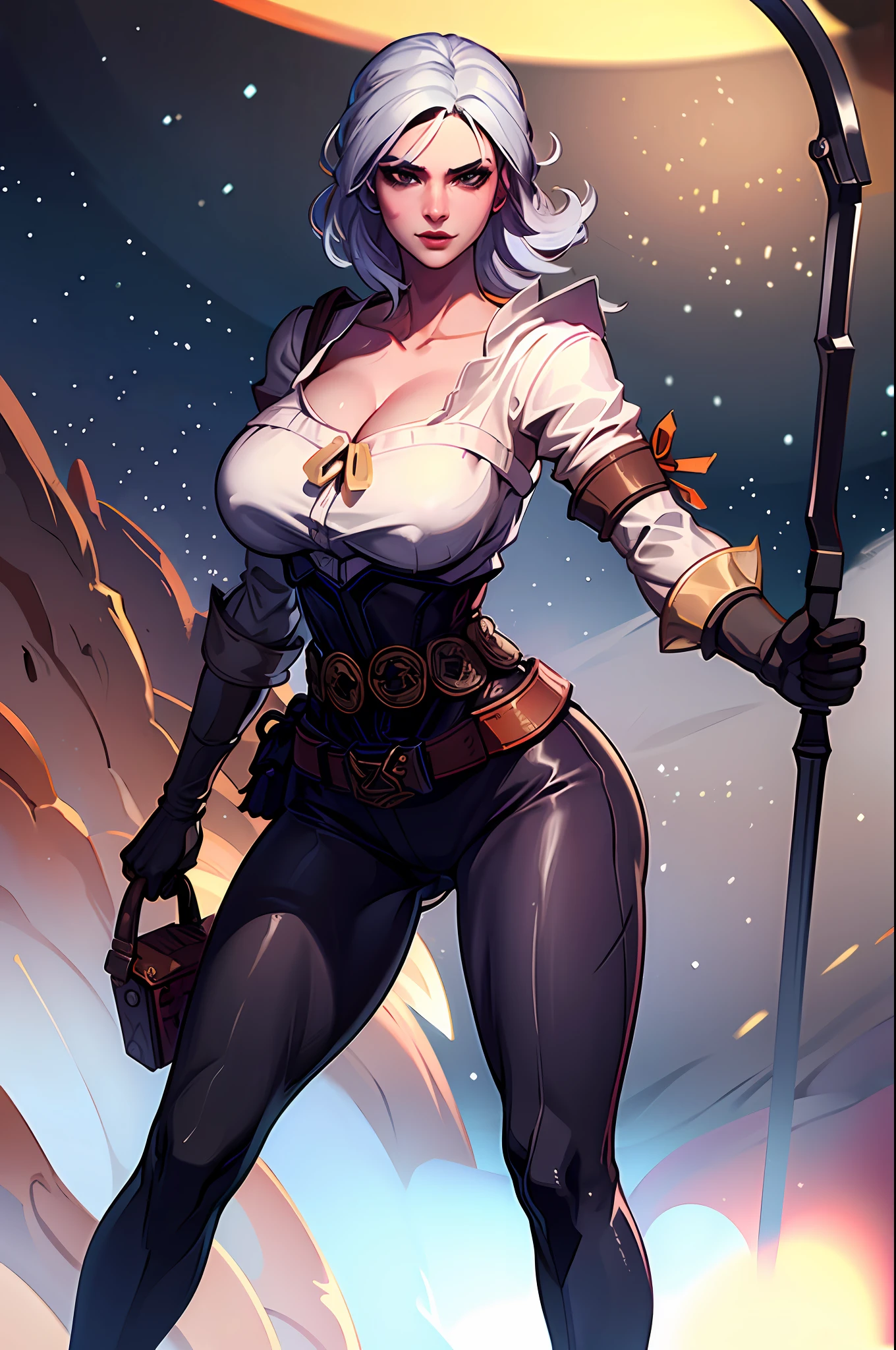 (8k, best quality, masterpiece: 1.2), ((best quality)), stands, cleavage, full body, leggings, ass, wide hips, (bokeh:1.4), siri, woman