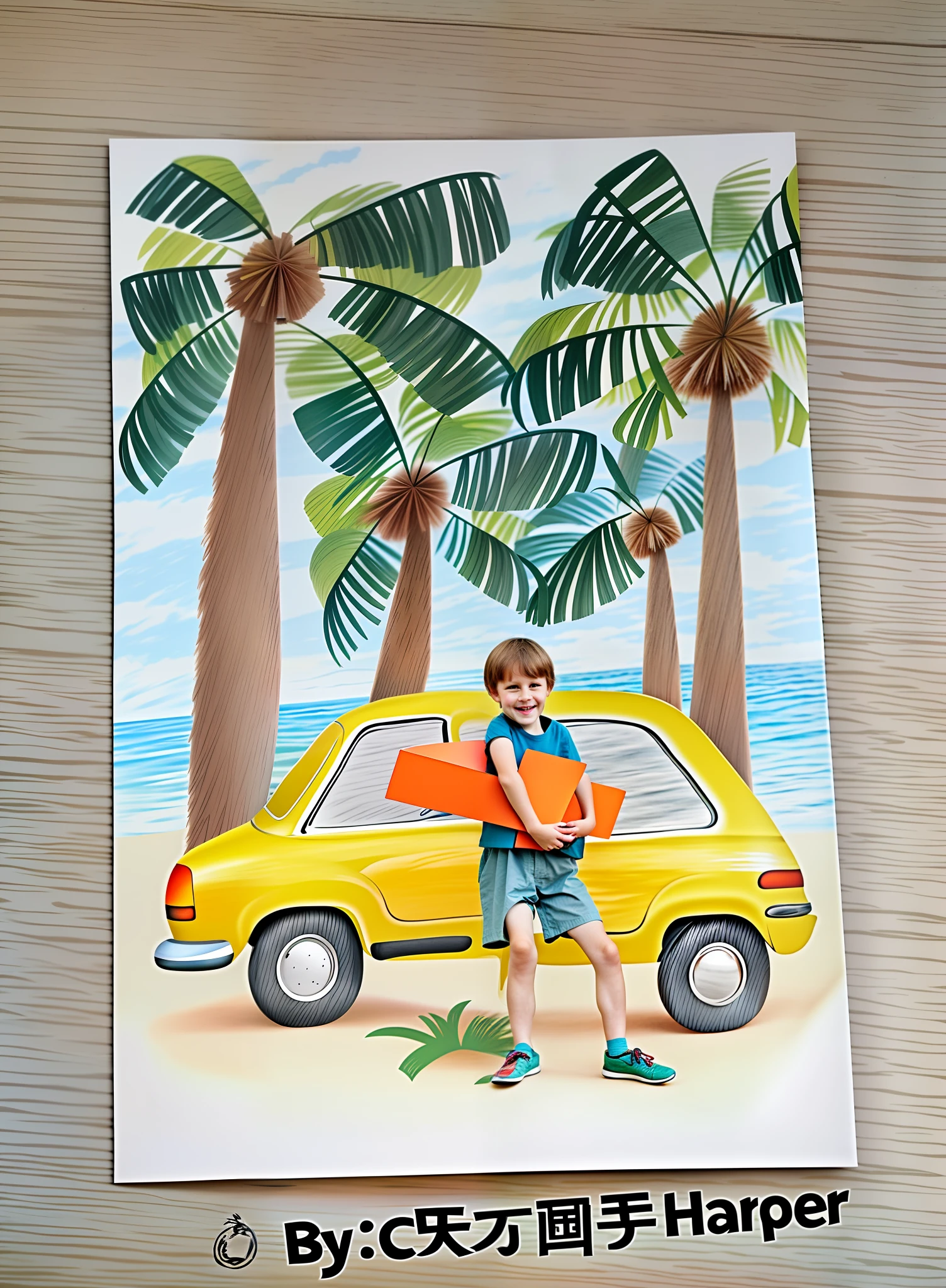close-up of a drawing of a man standing next to a car, titled "Beach Holiday", based on children's drawings, colored pencil sketches, color sketches, award-winning artwork, 7-year-old crayon drawings, color sketches, colored pencil sketches, pastel artwork, adding details,; 🌞🌄Illustration! , children's paintings, works of art 🪔 🎨 , surfboard in hand
