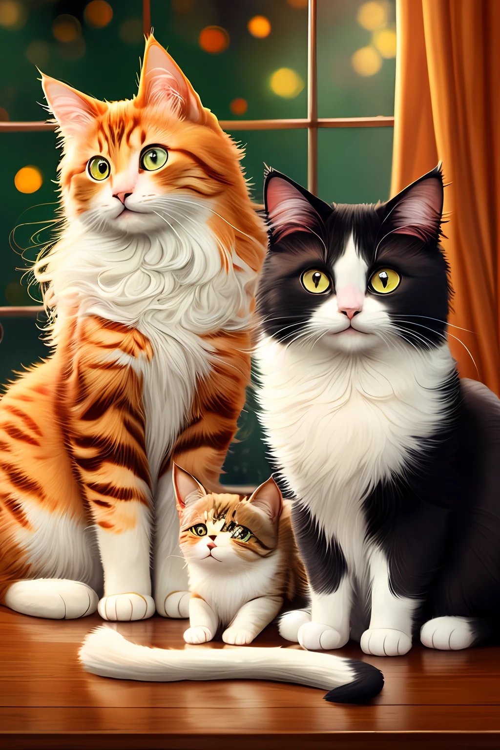 Cats, panorama, fluffy hair, anthropomorphic expressions, rich colors, exquisite details, masterpieces, realism, bokeh engine, real light and shadow, amazing details