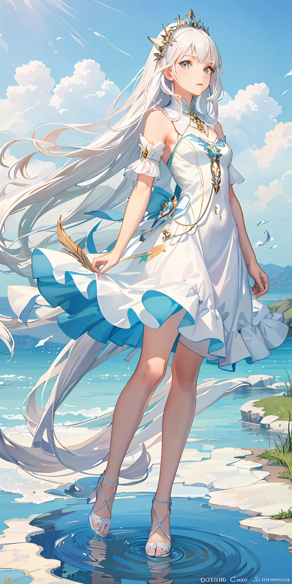 Top Quality, Full Body, High Quality Texture, Fine-grained, Realistic Expression of Face, Detailed Skin, Anime, Girl, Sexy, Mix, Model, Illustration, Portrait, Semi-Real, Princess, Dress, White Dress, Fair Skin, Wind Flower, Meadow, Water Lake, Sun, Light, (Small), White Hair