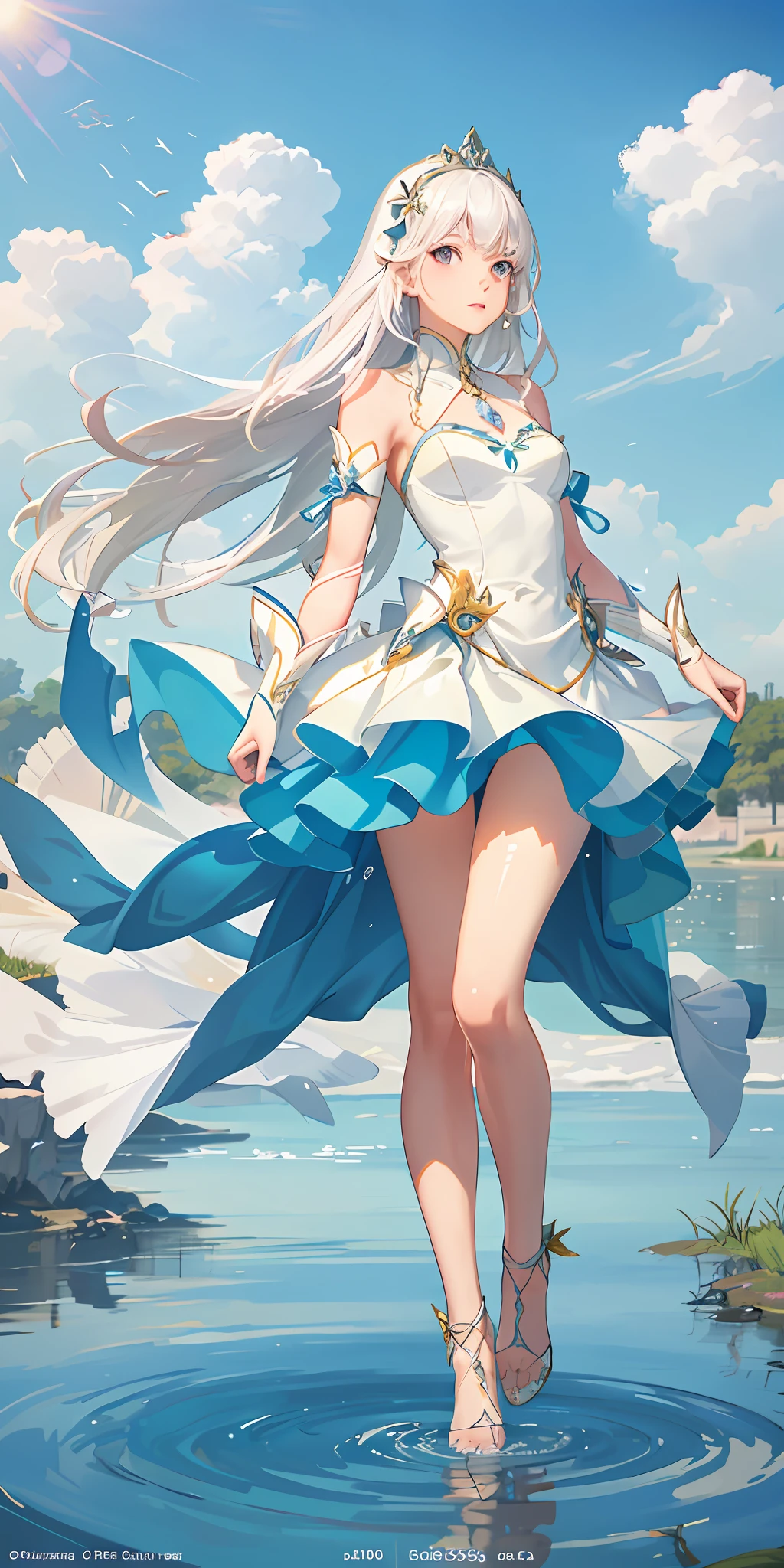Top Quality, Full Body, High Quality Texture, Fine-grained, Realistic Expression of Face, Detailed Skin, Anime, Girl, Sexy, Mix, Model, Illustration, Portrait, Semi-Real, Princess, Dress, White Dress, Fair Skin, Wind Flower, Meadow, Water Lake, Sun, Light, (Small), White Hair