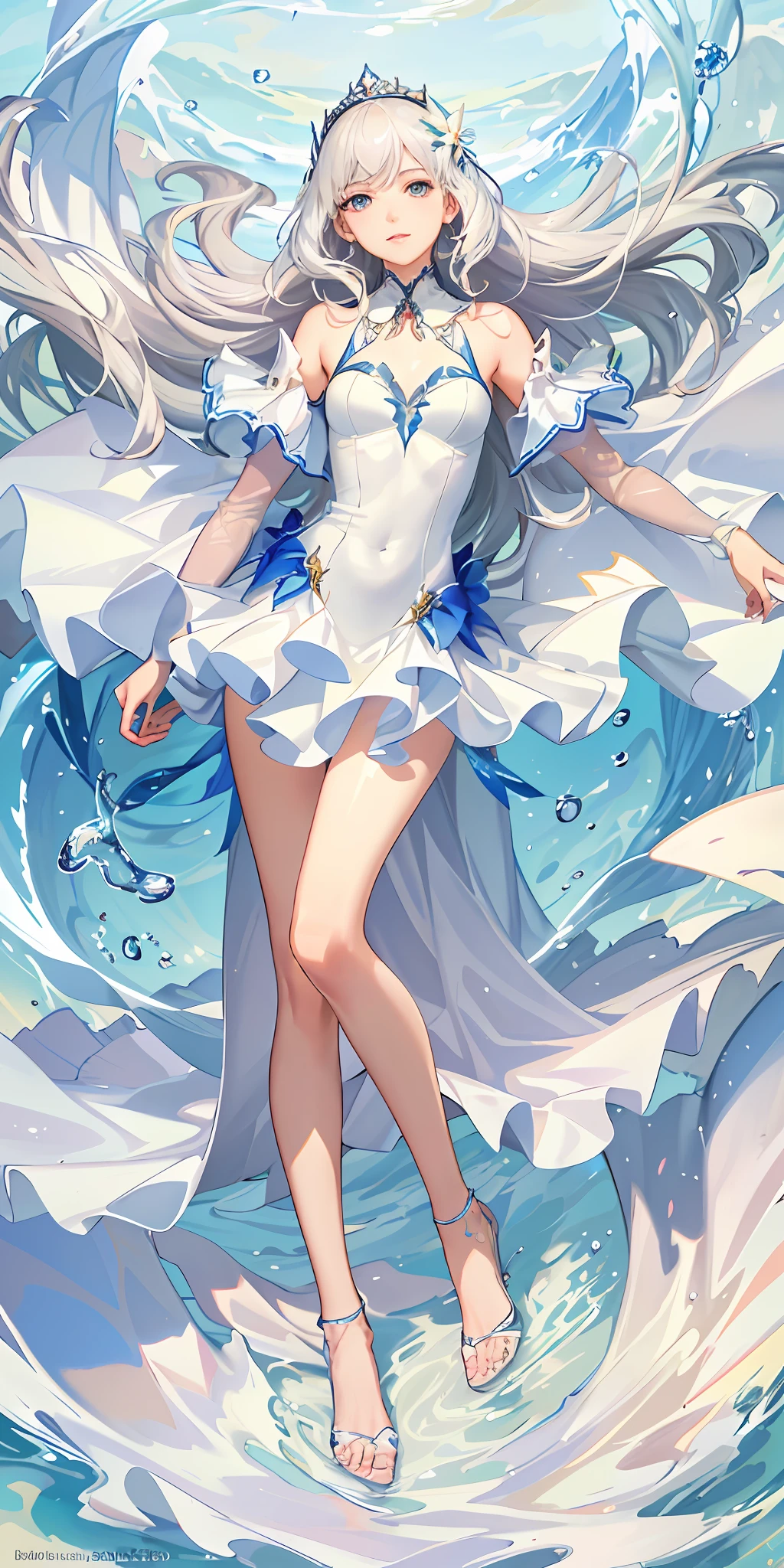 Top Quality, Full Body, High Quality Texture, Fine-grained, Realistic Expression of Face, Detailed Skin, Anime, Girl, Sexy, Mix, Model, Illustration, Portrait, Semi-Real, Princess, Dress, White Dress, Fair Skin, Wind Flower, Meadow, Water Lake, Sun, Light, (Small), White Hair