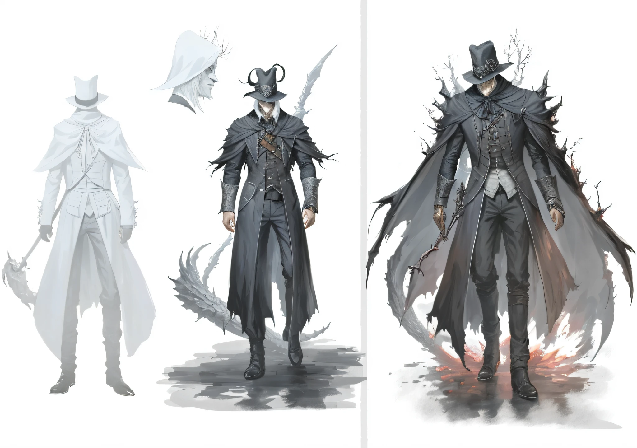 Sketch of a man in a black coat and a man in a white coat, Bloodborne style, Bloodborne concept art, Tomei + concept art, mysterious concept art, dark high contrast concept art, full body concept art, detailed full body concept art, character concept art, bloodborne diagram, game character concept art, concept character art, demon aristocratic character design, game style