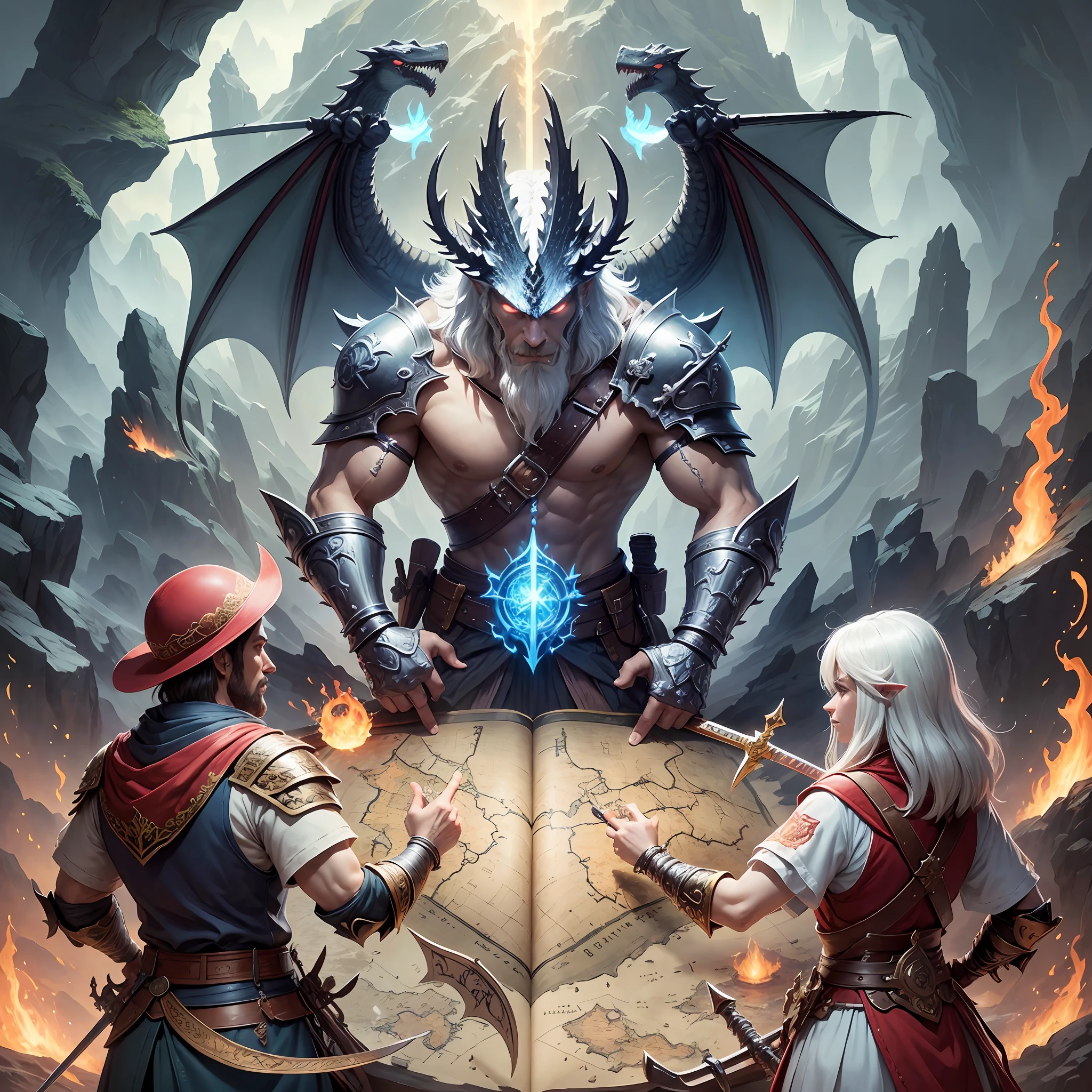 Logo (inscription new era legend),fantasy, detailed, 1:5, 4kk, three-dimensional picture, treasure map, swords, spears, dragon, ring, fire, alliance, team, effective, friendship, communication, adventure, island, ant, inscription new era legend --auto --s2