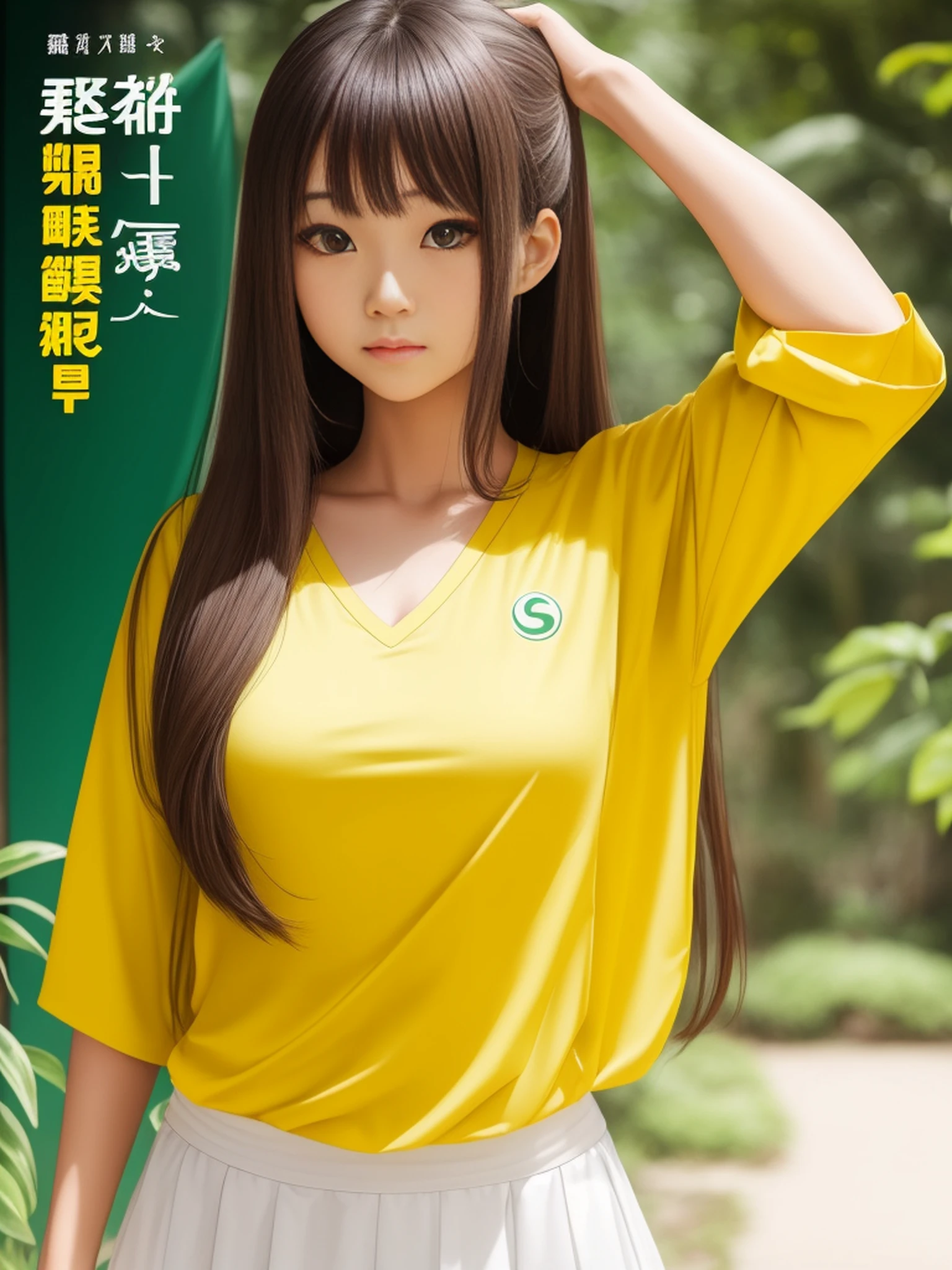 a woman with long hair wearing a yellow and white top, a poster, inspired by Otake Chikuha, rayonism, on the cover of a magazine, light green tone beautiful face, covid-19 as a human, young sensual gravure idol, made in 2019, short brown hair and large eyes, v - ray, 9