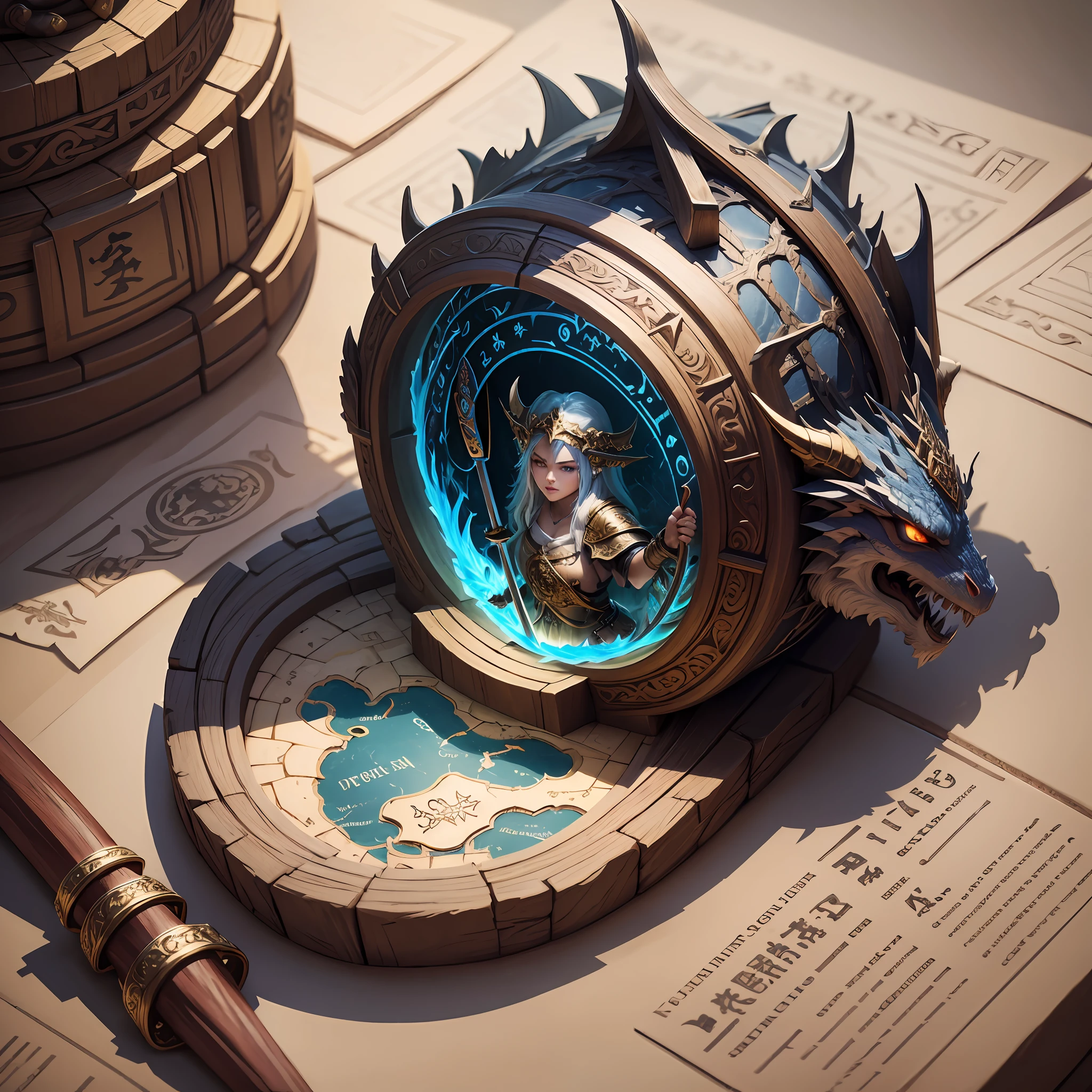 Logo (inscription new era legend),fantasy, detailed, 1:5, 4kk, three-dimensional picture, treasure map, swords, spears, dragon, ring, fire, alliance, team, effective, friendship, communication, adventure, island, ant, inscription new era legend --auto --s2