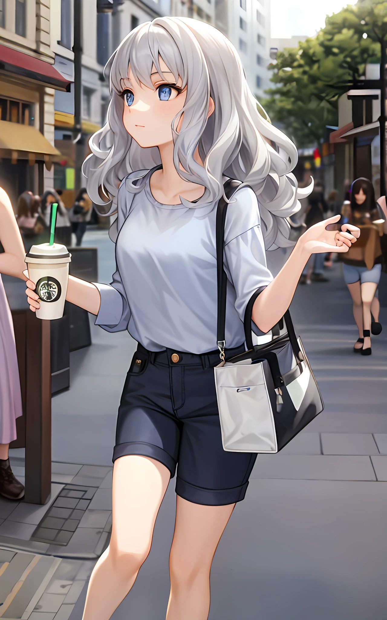girl, solo, 23 years old, street, silver hair, blue eyes, wavy hair, sister's plain clothes (fluffy, summer clothes, hot pants), temple, starbucks, looking up at the sky, drunk,