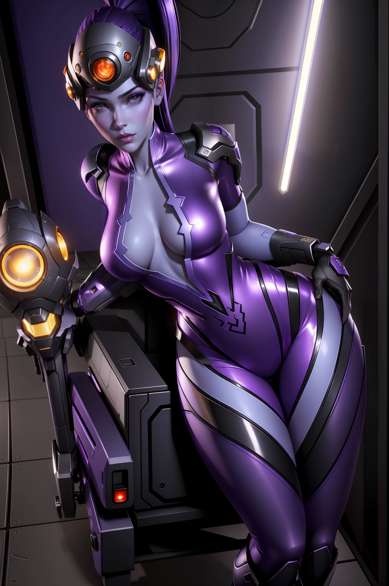 masterpiece, 8k, perfect ligthing, adult, female, looking at viewer, cinematic lighting, cowboy shot, Widowmaker, (purple skin), blue skin, ponytail, yellow eyes, detailed eyes, beautiful lips, (bodysuit), gloves, high heels, Visor, head-mounted display, unreal engine 5, beautiful body, (1women), slender, boob cleavage, blush, shiny_skin, oily skin, 8K, UHD, HDR, (RSEEmma:1.2) ,