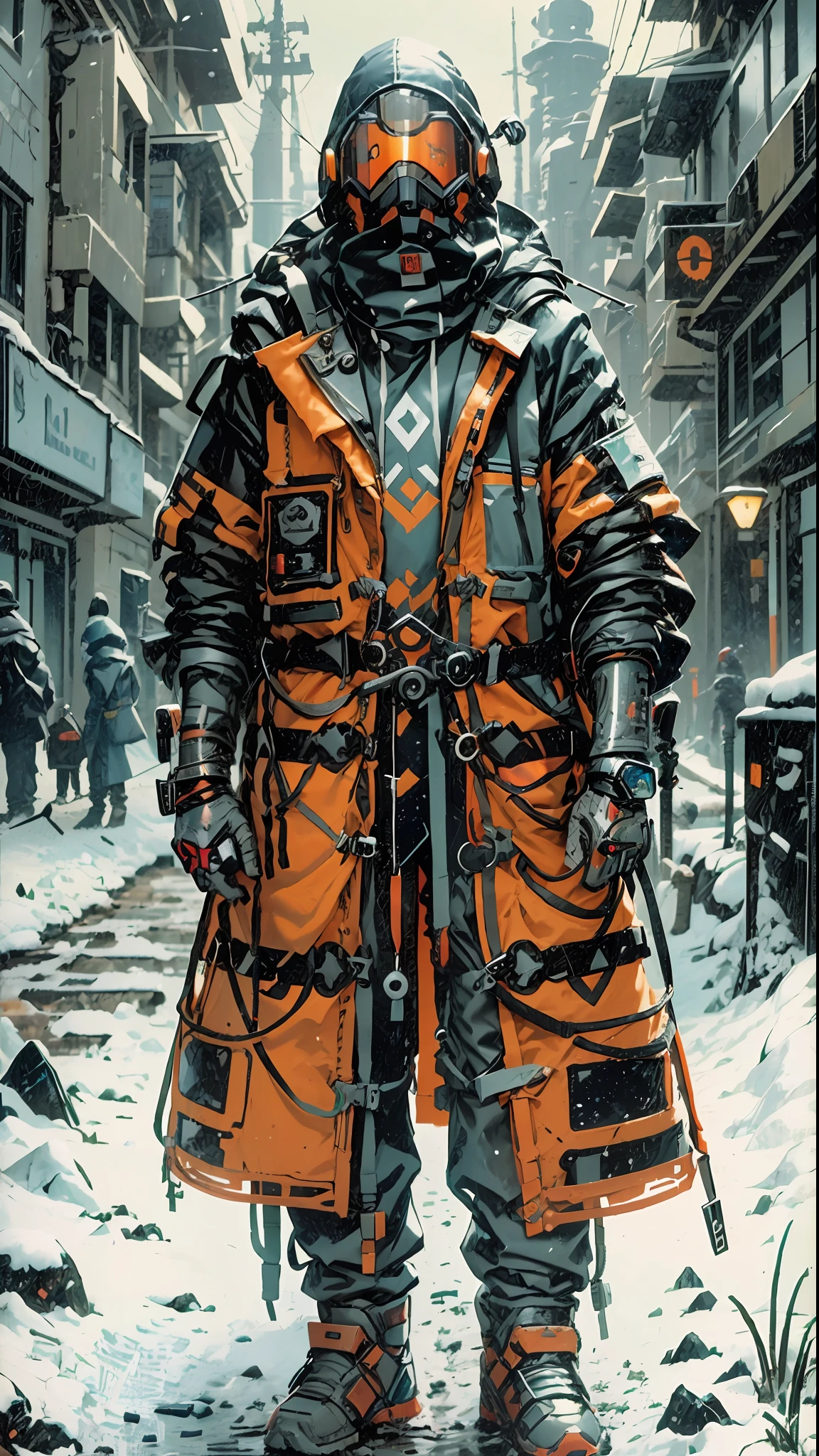 a Man , full body, rupa prisoner, cold, layers of clothes, futuristic clothes, inspired by Adrienn Henczné Deáki, pants, cold, orange ropa, hood, respiratory masks, goggles protection, hands tied, handcuffs on the handsring light neck, winter, high fashion, inspired by Olivia de Berardinis