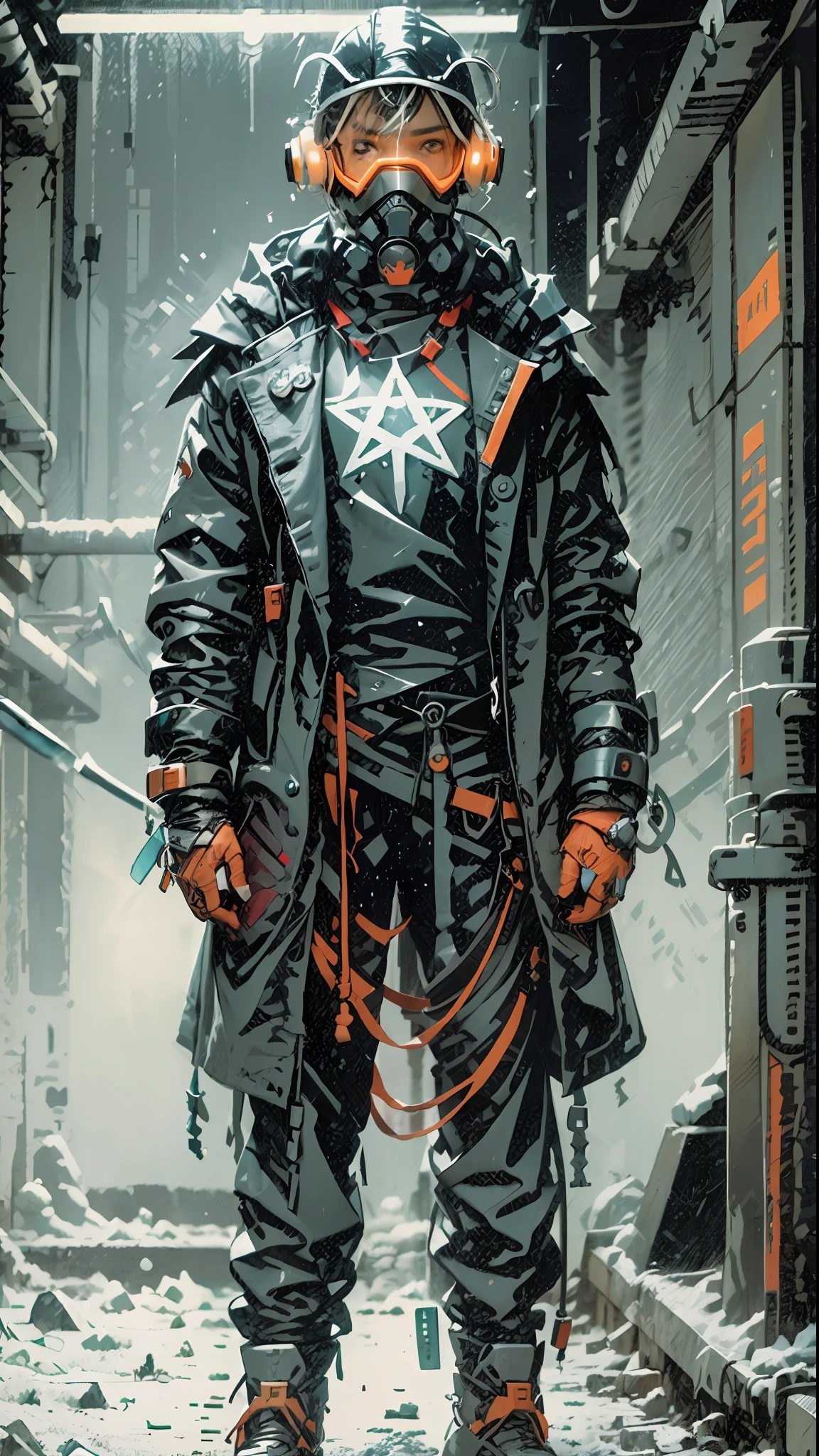 a Man , full body, rupa prisoner, cold, layers of clothes, futuristic clothes, inspired by Adrienn Henczné Deáki, pants, cold, orange ropa, hood, respiratory masks, goggles protection, hands tied, ring of light neck, winter, high fashion, inspired by Olivia de Berardinis