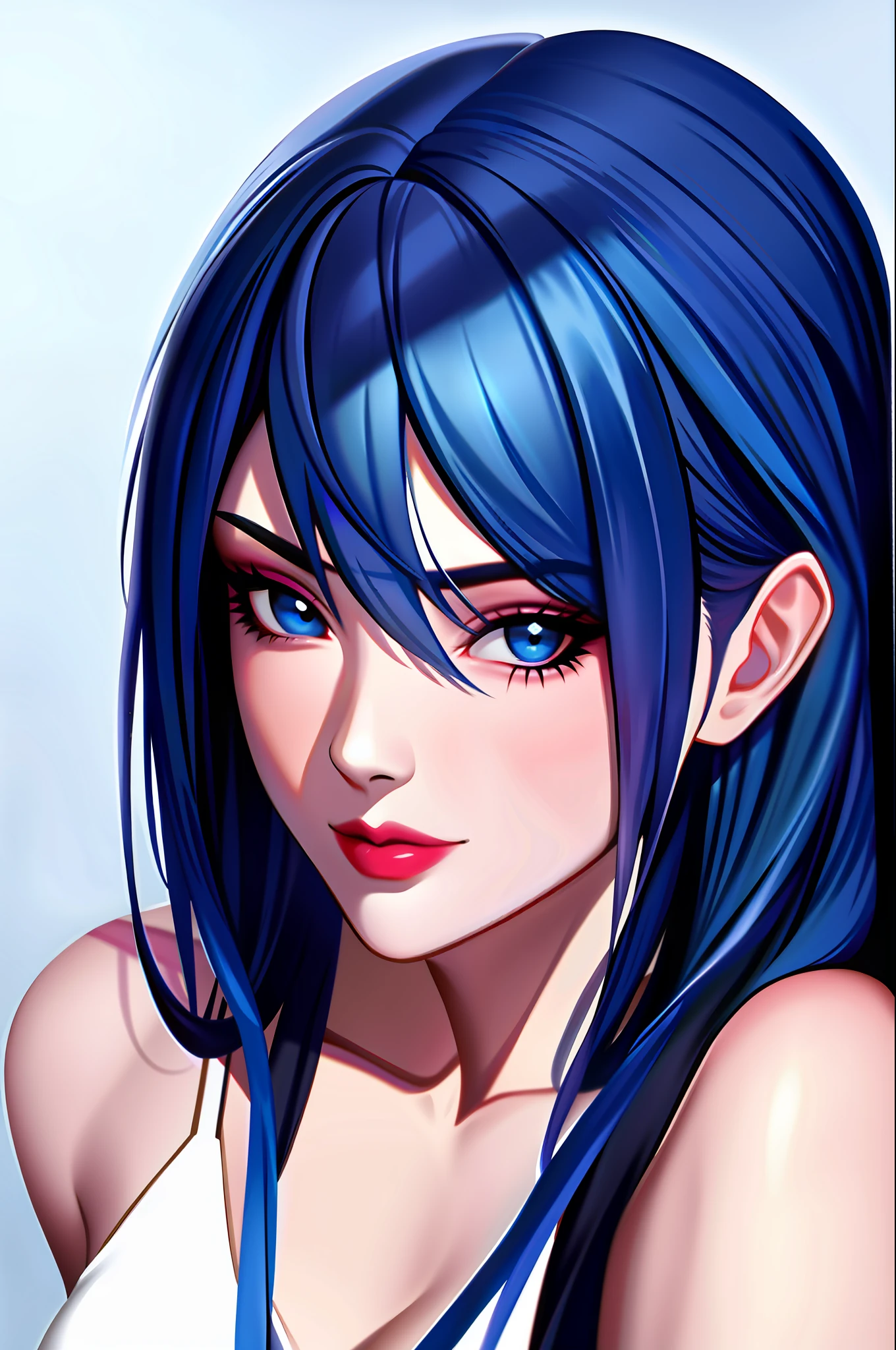 Portrait of a sultry mature woman with blue-themed lighting, gazing confidently at the viewer from a side angle. She's a bad girl with l and an alluring allure.