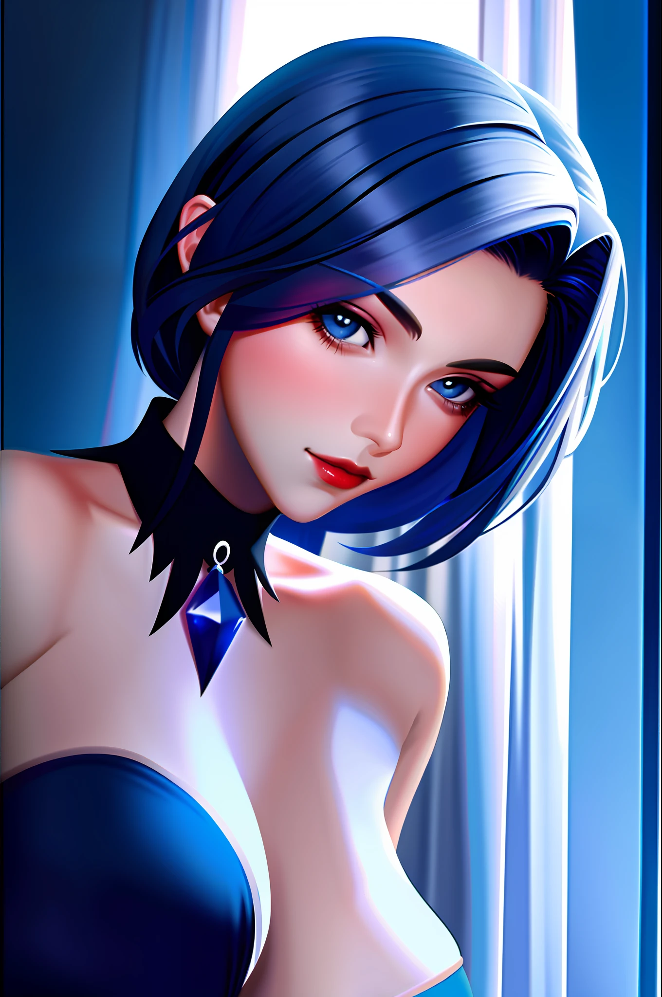 Portrait of a sultry mature woman with blue-themed lighting, gazing confidently at the viewer from a side angle. She's a bad girl with l and an alluring allure.