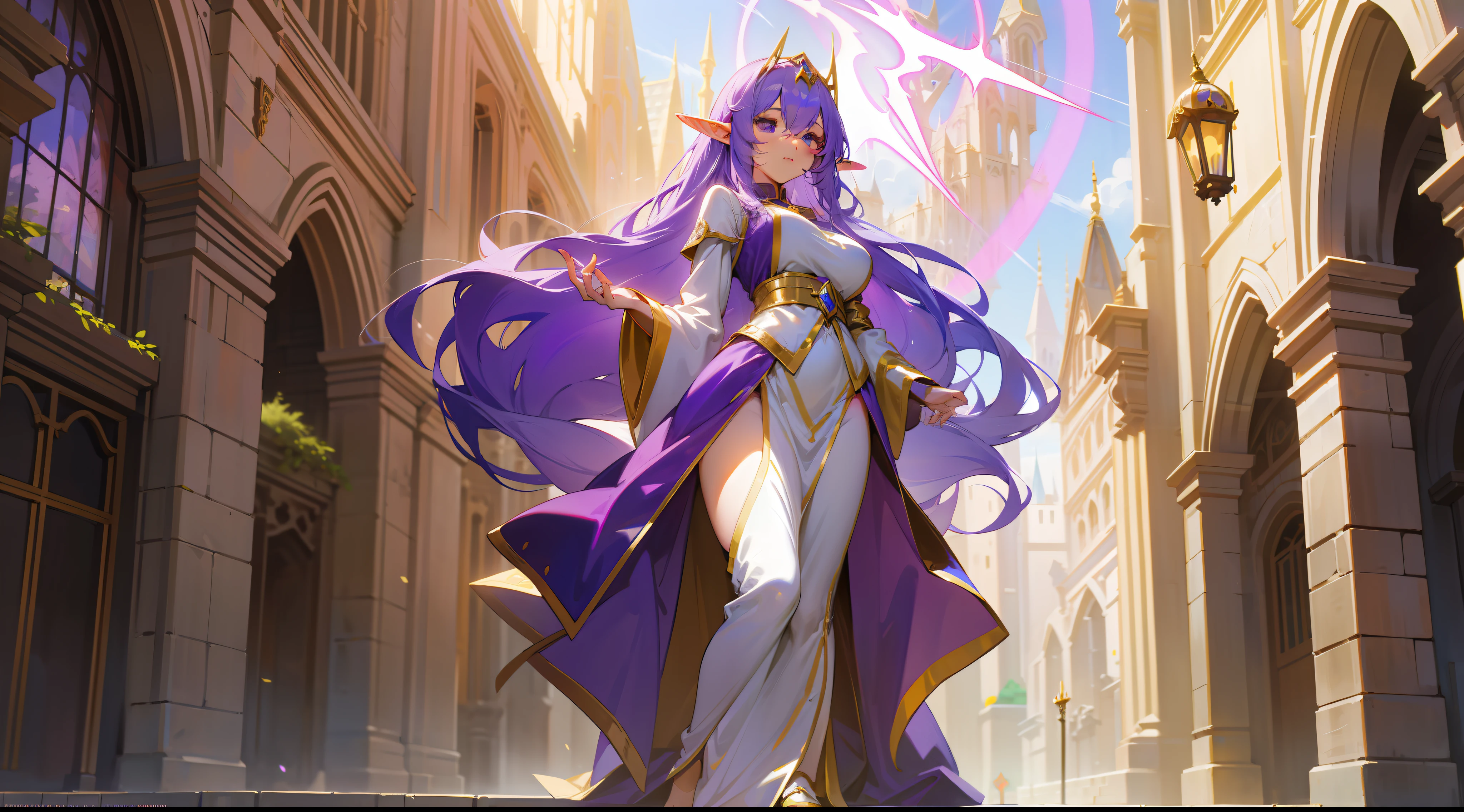 An elf mage, long lilac hair, bangs, large breasts, hair between the eyes, heroic posture, lilac eyes, full body, golden and purple robes, confident, fantasy, medieval, amid medieval streets, rays of sun