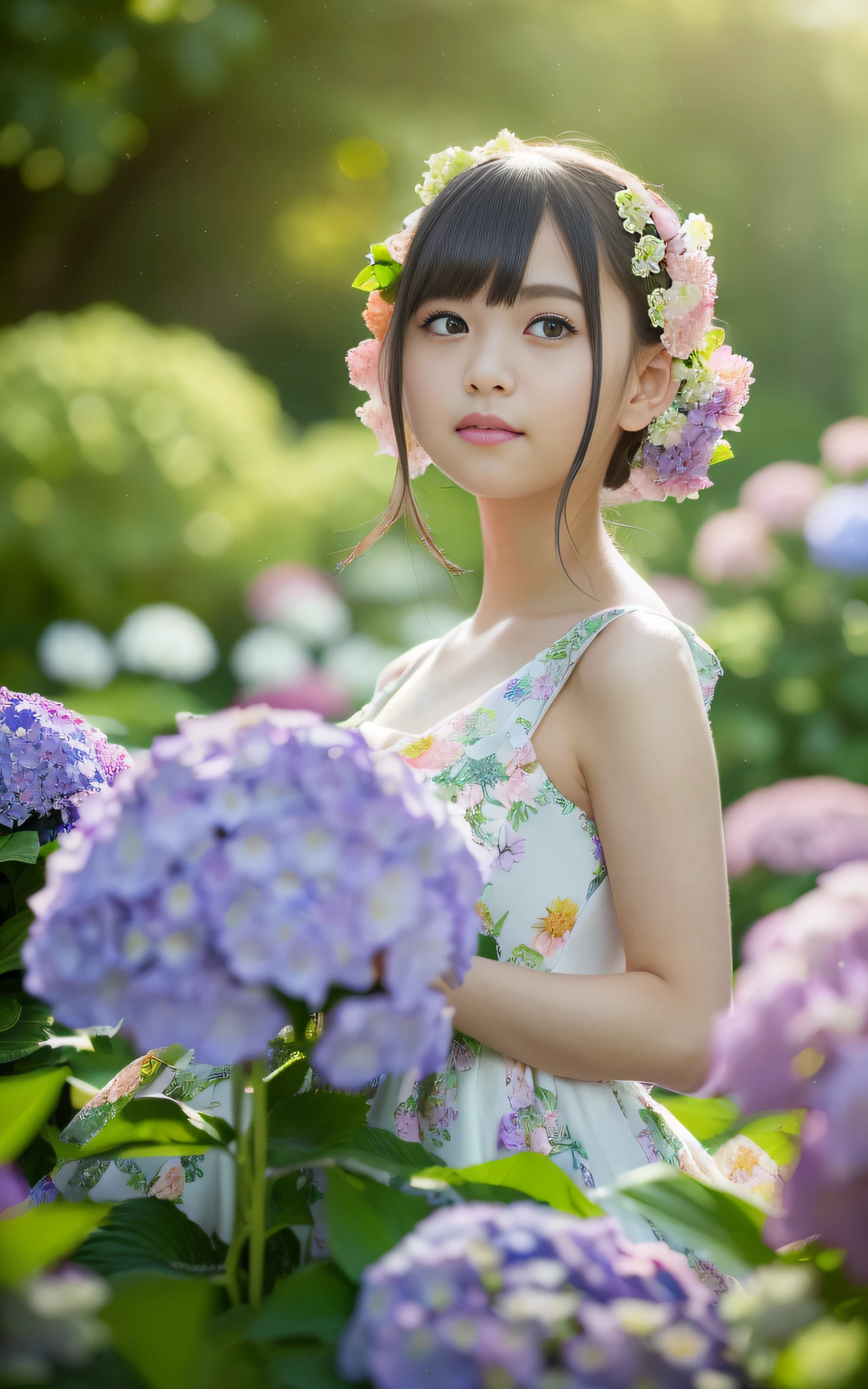 twilight rays, wedding dress, corolla, (((Tokugawaen)), hydrangea foreground bokeh, bokeh, photorealistic, surrounded by hydrangeas, background, dark, smiling, (one girl), (sunset: 1.3), (8k, raw photography, best quality, masterpiece: 1.2), (realistic, photorealism: 1.37), best quality, ultra high resolution, (focus surface: 1.8), ( Portrait: 1.7), (Intense:1.1), (Details:1.1), (Highest Quality), (Analog:1.2), (High Sharp), Canon EOS R Photography, (Summer Dress:1.4), (Standing in a Flower Garden:1.3), (Vivid and Colorful:1.3)