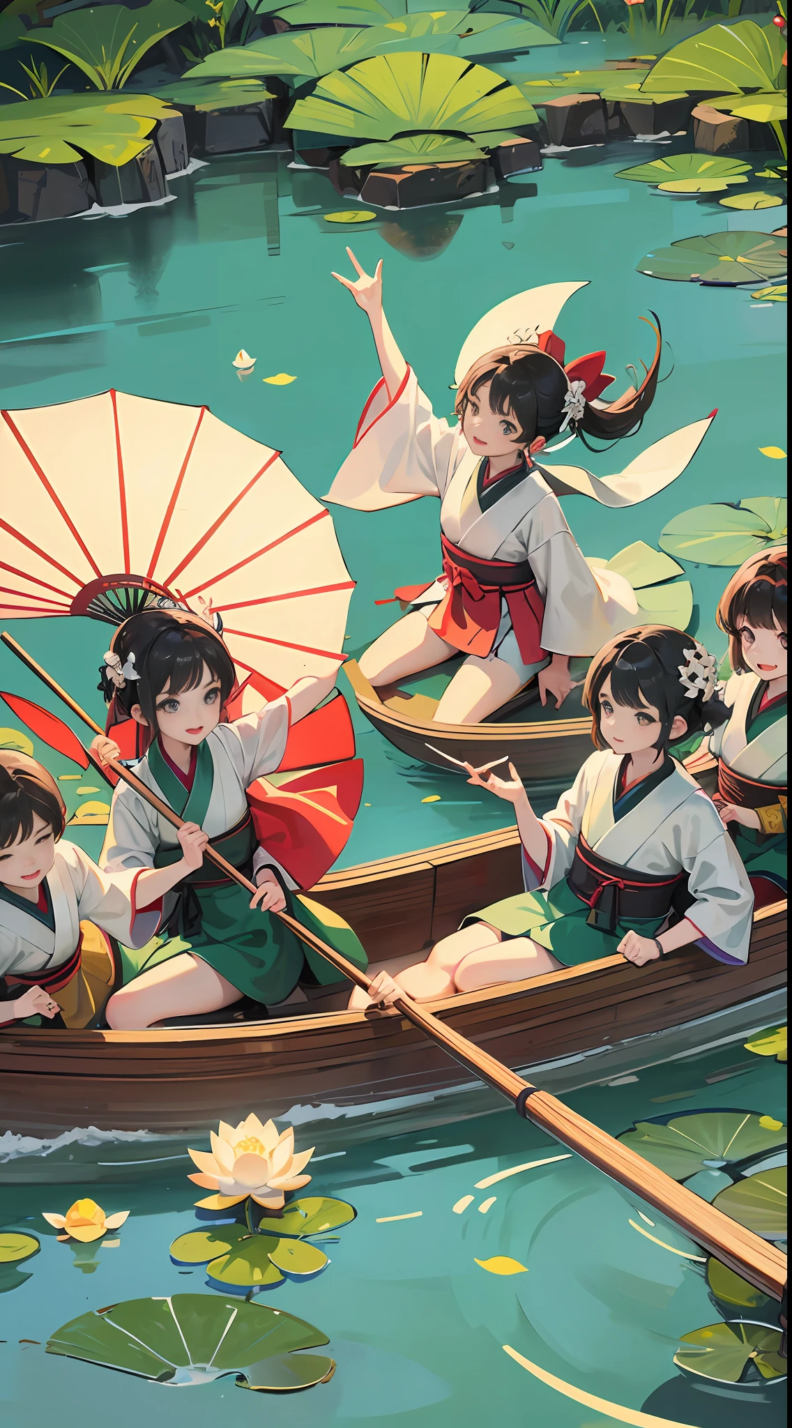 Dragon Boat Festival, on the surface of the water there are 3 children wearing Hanfu paddling on the dragon boat, there are rice dumplings on the boat, the best quality, there are lotus leaves on the water, super detailed --auto --s2