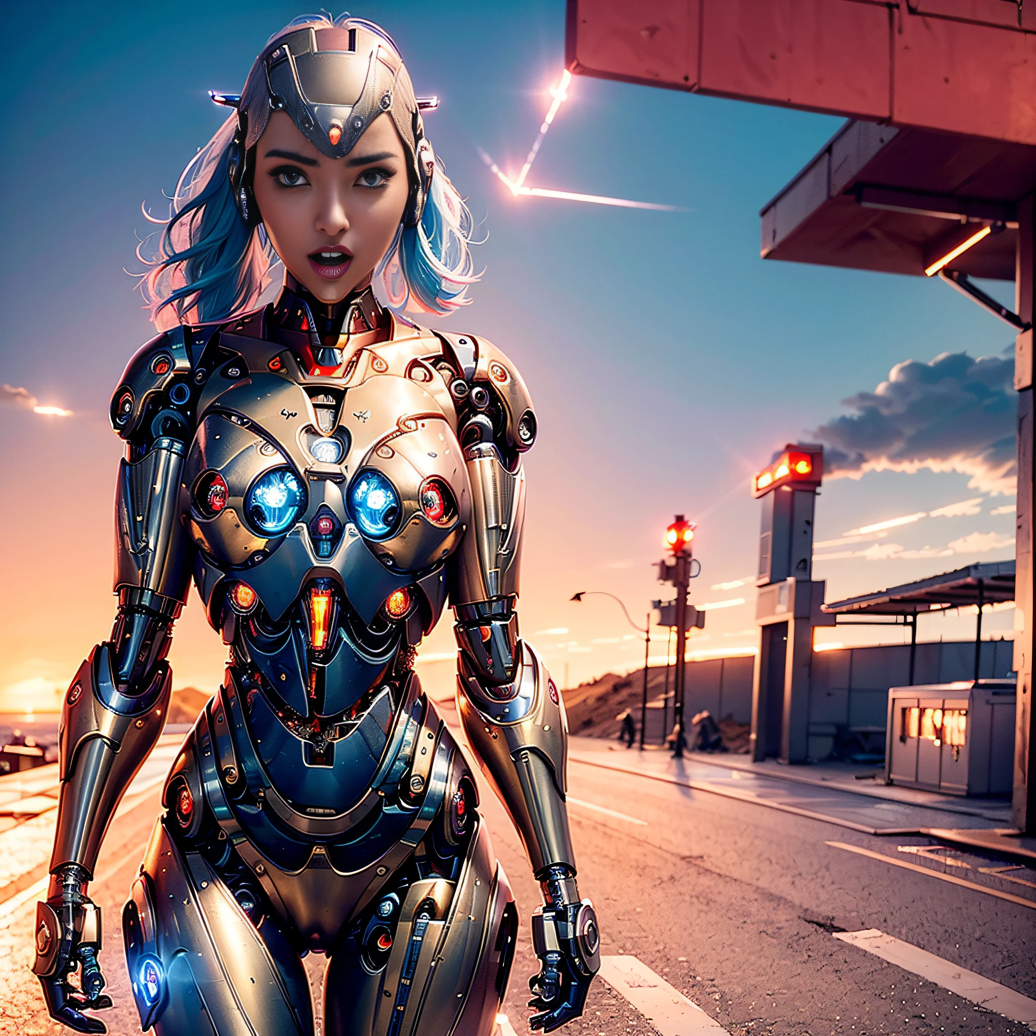 1girl, solo, Japanese girl, (((cyborg:1.4))), cyborg girl, cyborg armor, cyborg clothing, beautiful detailed eyes, finely detail, bright pupils, turquoise eyes, full body, large breasts:0.8, (((floating hair))), looking at viewer, pov, female focus, puffy eyes, long hair, gorgeous hair, air bangs, dynamic pose, dynamic angle, close-up, thighs open, showing panties, boobs exposed, fighting stance, fighting pose, run forward, running,(((golden metallic color | red metallic color | blue metallic color))),(((Metallic luster, metal reflective, mechanical details, extremely mechanical details, complex mechanical structure))), (((Mirrored Power Armor, fallout 4, fallout))), defeated, corpse, bleed, battlefield, mechanized background, giant robot in the background, outdoors, cinematic lighting, Cyberpunk world. Cyberpunk metropolis, neon, Sci-fi style, sfw:1.98,