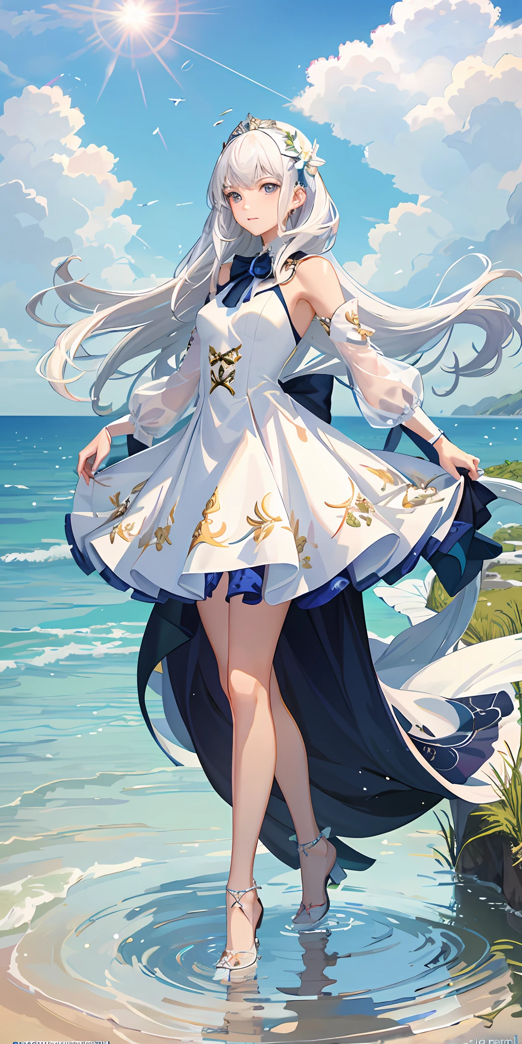 Top Quality, Full Body, High Quality Texture, Fine-grained, Realistic Expression of Face, Detailed Skin, Anime, Girl, Sexy, Mix, Model, Illustration, Portrait, Semi-Real, Princess, Dress, White Dress, Fair Skin, Wind Flower, Meadow, Water Lake, Sun, Light, (Small), White Hair