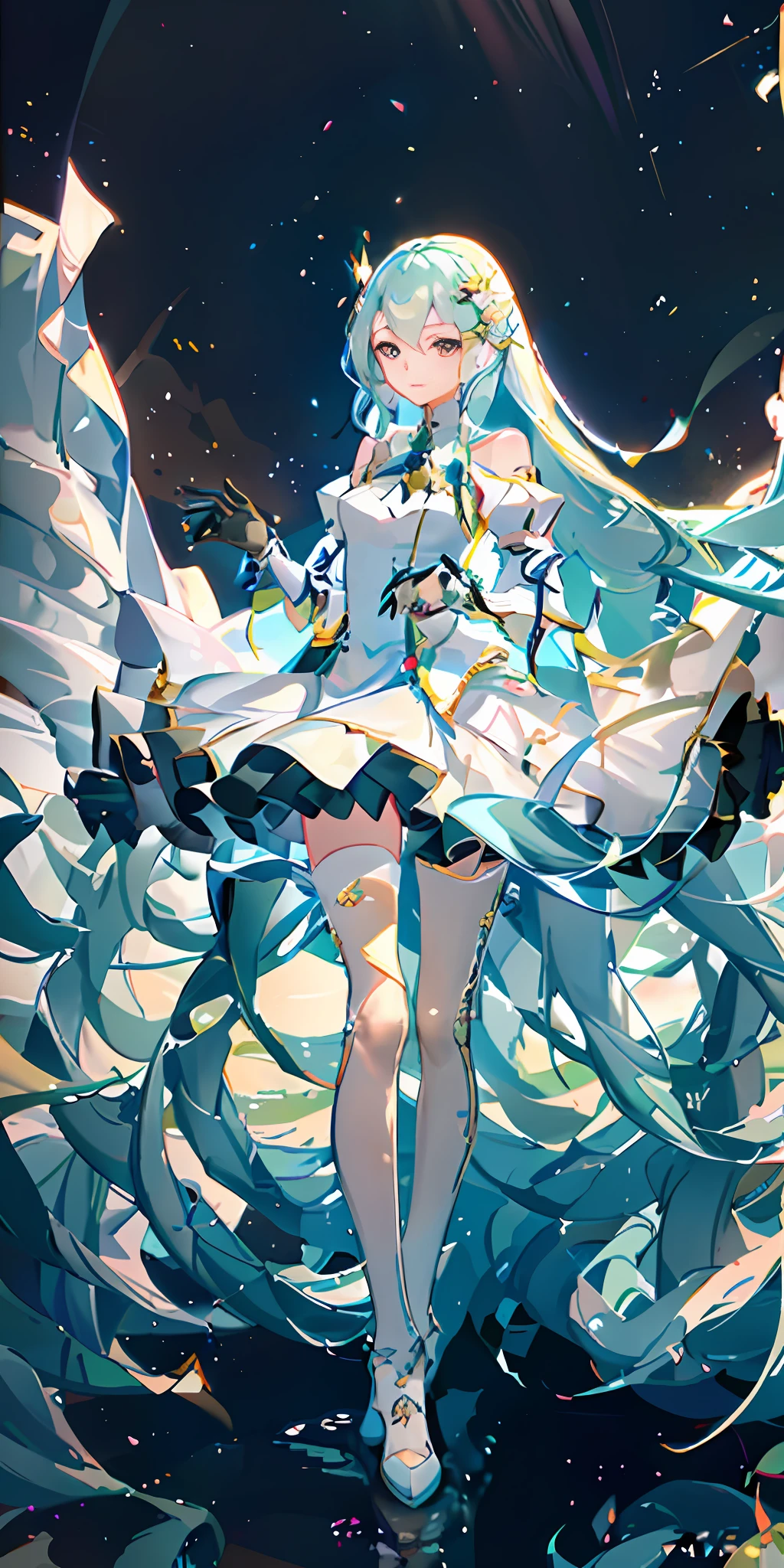 Top Quality, Full Body, High Quality Texture, Fine-grained, Realistic Expression of Face, Detailed Skin, Anime, Girl, Sexy, Mix, Model, Illustration, Portrait, Semi-Real, Princess, Dress, White Dress, Fair Skin, Wind Flower, Meadow, Water Lake, Sun, Light, (Small), White Hair