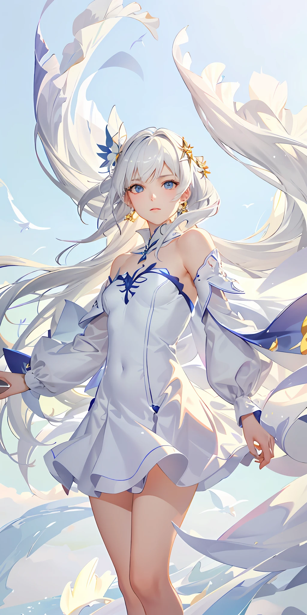Top Quality, Full Body, High Quality Texture, Fine-grained, Realistic Expression of Face, Detailed Skin, Anime, Girl, Sexy, Mix, Model, Illustration, Portrait, Semi-Real, Princess, Dress, White Dress, Fair Skin, Wind Flower, Meadow, Water Lake, Sun, Light, (Small), White Hair