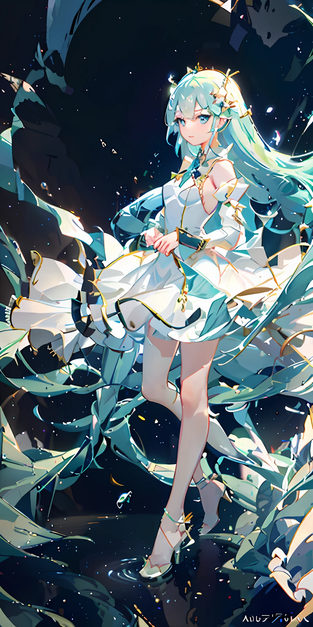 Top Quality, Full Body, High Quality Texture, Fine-grained, Realistic Expression of Face, Detailed Skin, Anime, Girl, Sexy, Mix, Model, Illustration, Portrait, Semi-Real, Princess, Dress, White Dress, Fair Skin, Wind Flower, Meadow, Water Lake, Sun, Light, (Small), White Hair