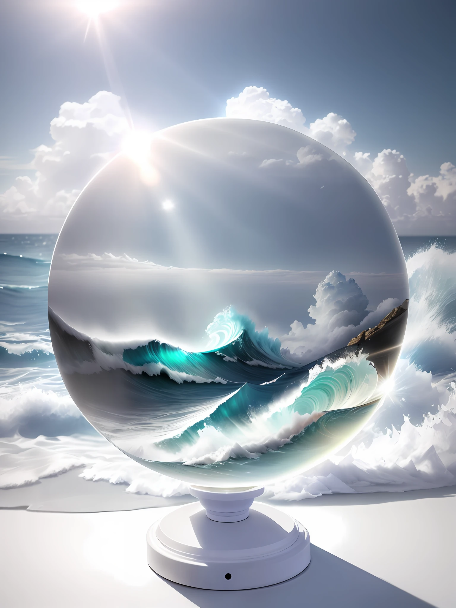 Ultra-realistic, 16K high resolution, (maximum sharp focus: 1.3), (maximum close-up: 0.5), (crystal ball with pedestal: 1.7), (beautiful large wave, light transmitted wave: 1.7), (divine light shining through clouds: 1.7), (white fog:1.3)