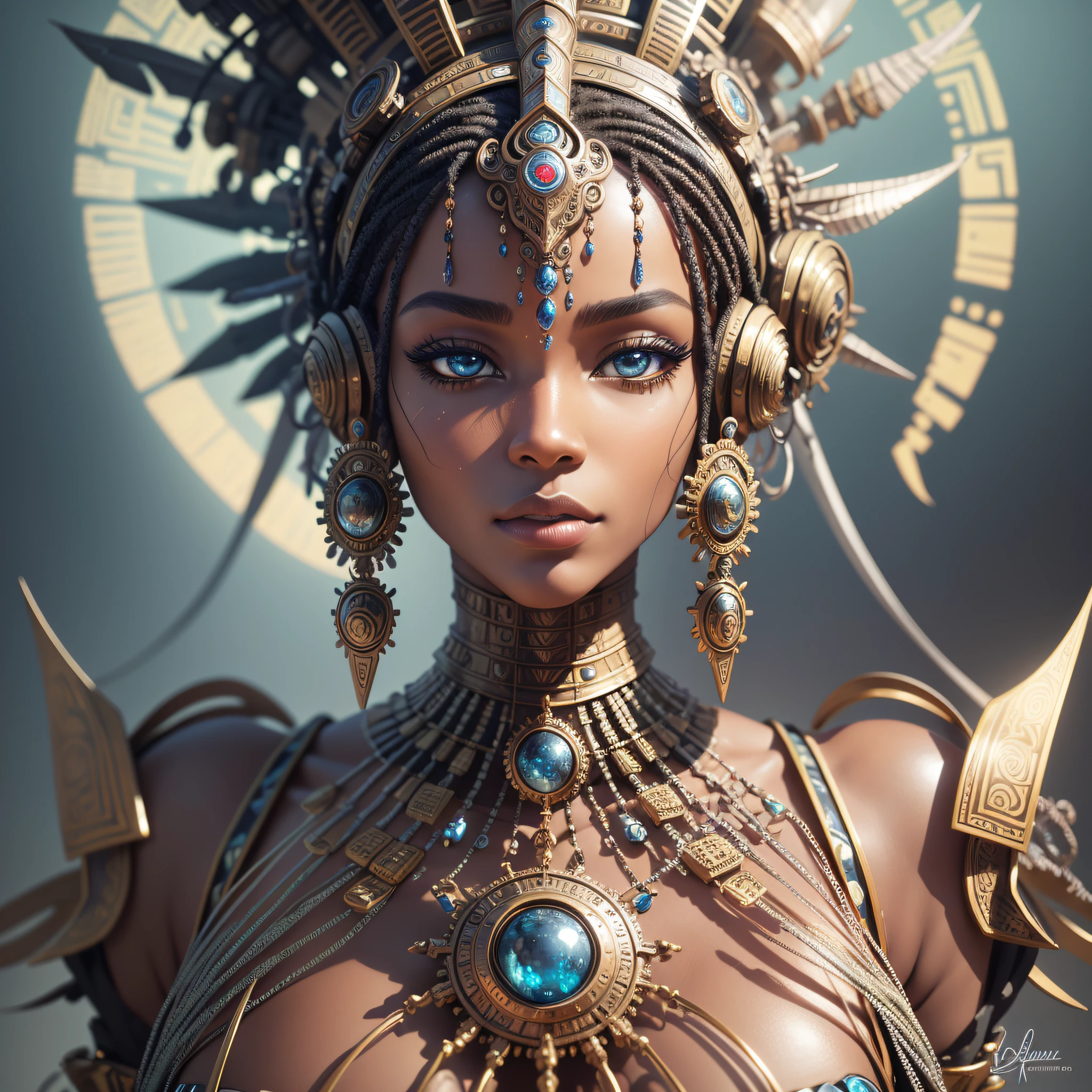 a close up of a statue of a person with a headdress, detailed humanoid, extremely detailed goddess shot, intricate cyborg, goddess. extremely high detail, afrofuturism style, afrofuturism, humanoid woman, armor style of giger, african female android, beautiful biomechanical djinn, portrait of a robot shaman, intricate body, great digital art with details --auto --s2