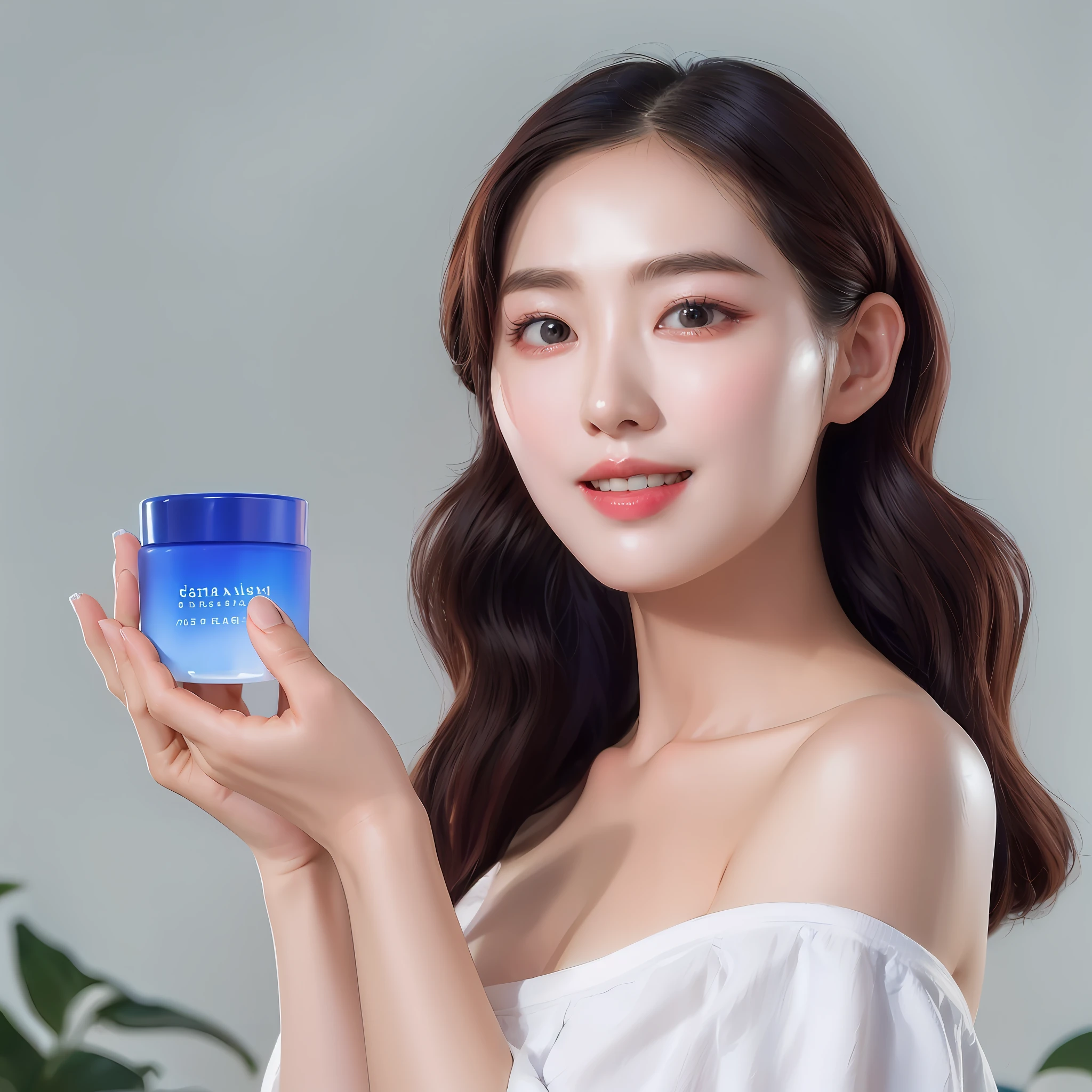 Korean woman holds jar of face cream in hands, blue background, photo of skincare brand, krystal, smooth blue skin, smooth porcelain skin, high quality partial render, gorgeous young korean woman, dilraba dilmurat, sha xi, Product shooting, product introduction photos, popular Korean makeup, smooth and glowing skin, milky skin