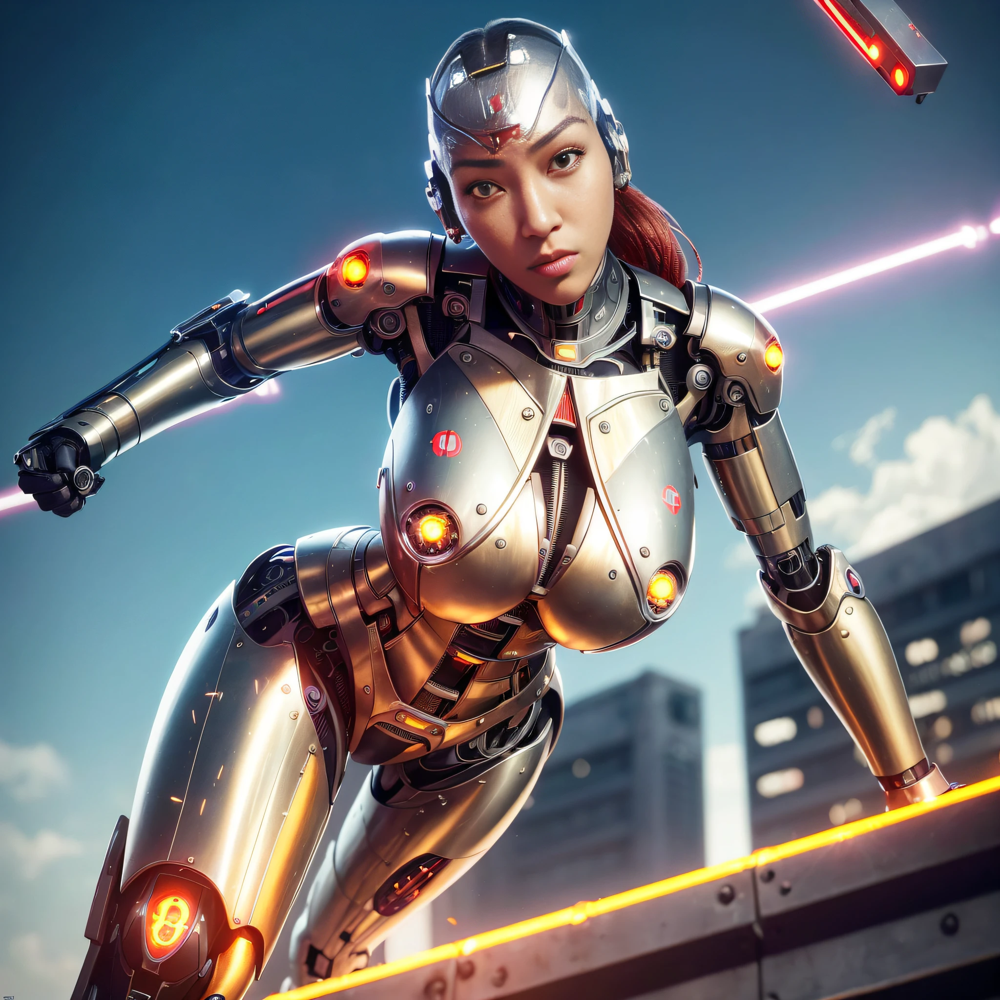 1girl, solo, Japanese girl, (((cyborg:1.4))), cyborg girl, cyborg armor, cyborg clothing, beautiful detailed eyes, finely detail, bright pupils, turquoise eyes, full body, large breasts:0.8, (((floating hair))), looking at viewer, pov, female focus, puffy eyes, long hair, gorgeous hair, air bangs, dynamic pose, dynamic angle, close-up, thighs open, showing panties, boobs exposed, fighting stance, fighting pose, run forward, running,(((golden metallic color | red metallic color | blue metallic color))),(((Metallic luster, metal reflective, mechanical details, extremely mechanical details, complex mechanical structure))), (((Mirrored Power Armor, fallout 4, fallout))), defeated, corpse, bleed, battlefield, mechanized background, giant robot in the background, outdoors, cinematic lighting, Cyberpunk world. Cyberpunk metropolis, neon, Sci-fi style, sfw:1.98,