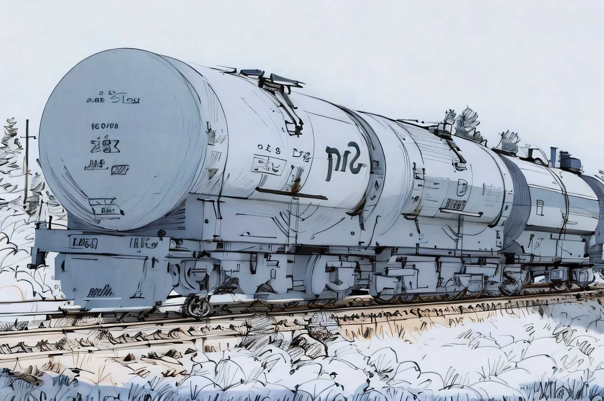 sketch, sketch, pen_sketch_style, there is a landscape tank wagon traveling along the tracks
