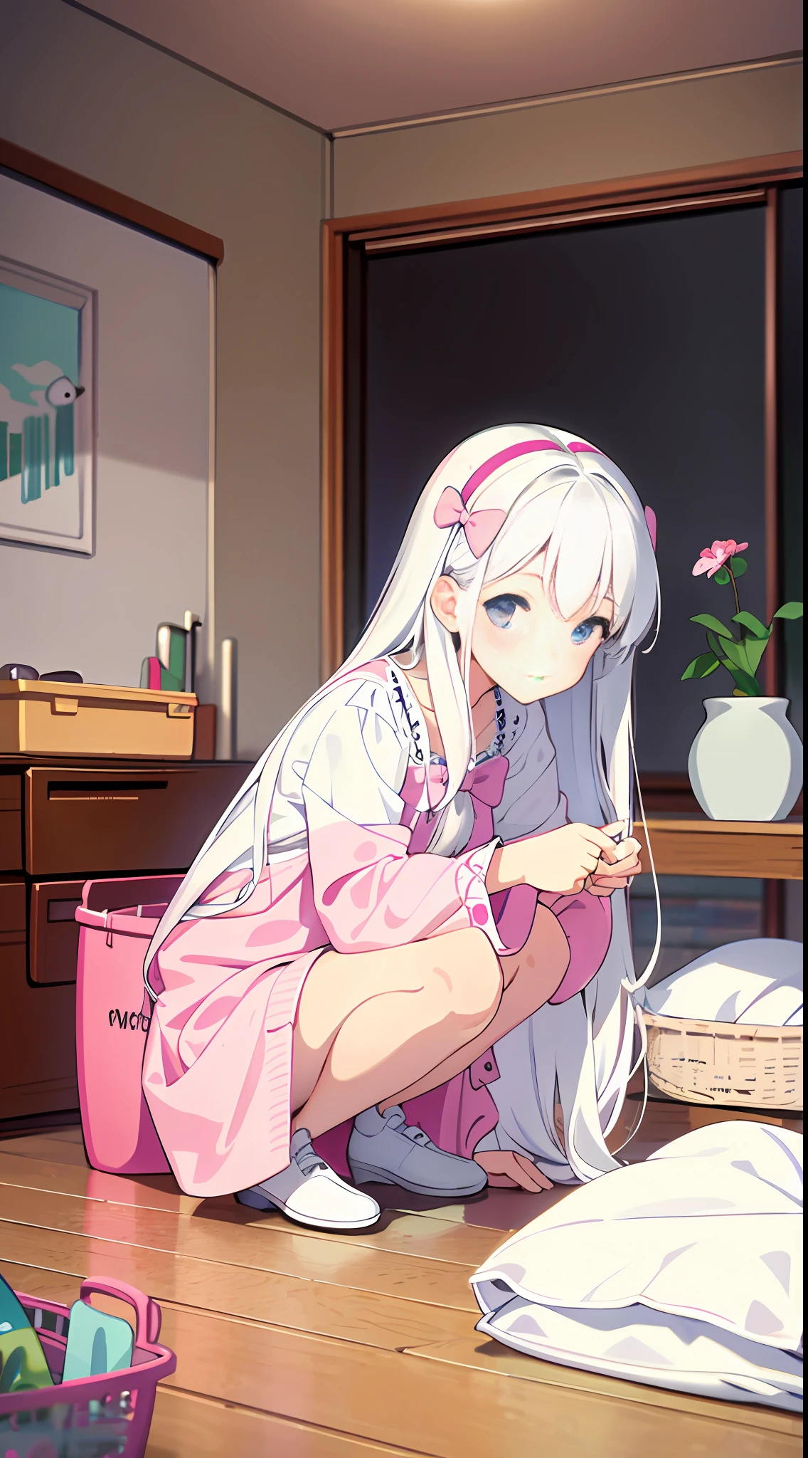 Masterpiece, best quality, super detailed, illustration, medium view, beautiful detailed eyes, ((vista, wide angle 1.31)), at home, a girl, white hair, pink bow, white pajamas. Crouching on the ground, clothes basket, clothes in hand