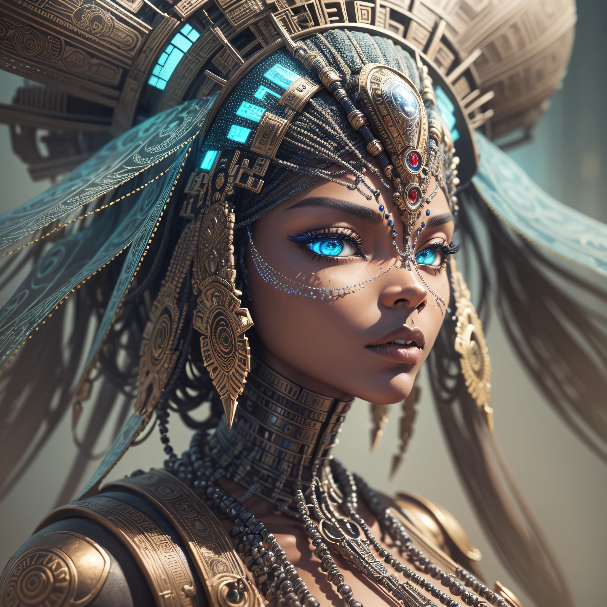 a close up of a statue of a person with a headdress, detailed humanoid, extremely detailed goddess shot, intricate cyborg, goddess. extremely high detail, afrofuturism style, afrofuturism, humanoid woman, armor style of giger, african female android, beautiful biomechanical djinn, portrait of a robot shaman, intricate body, great digital art with details --auto --s2