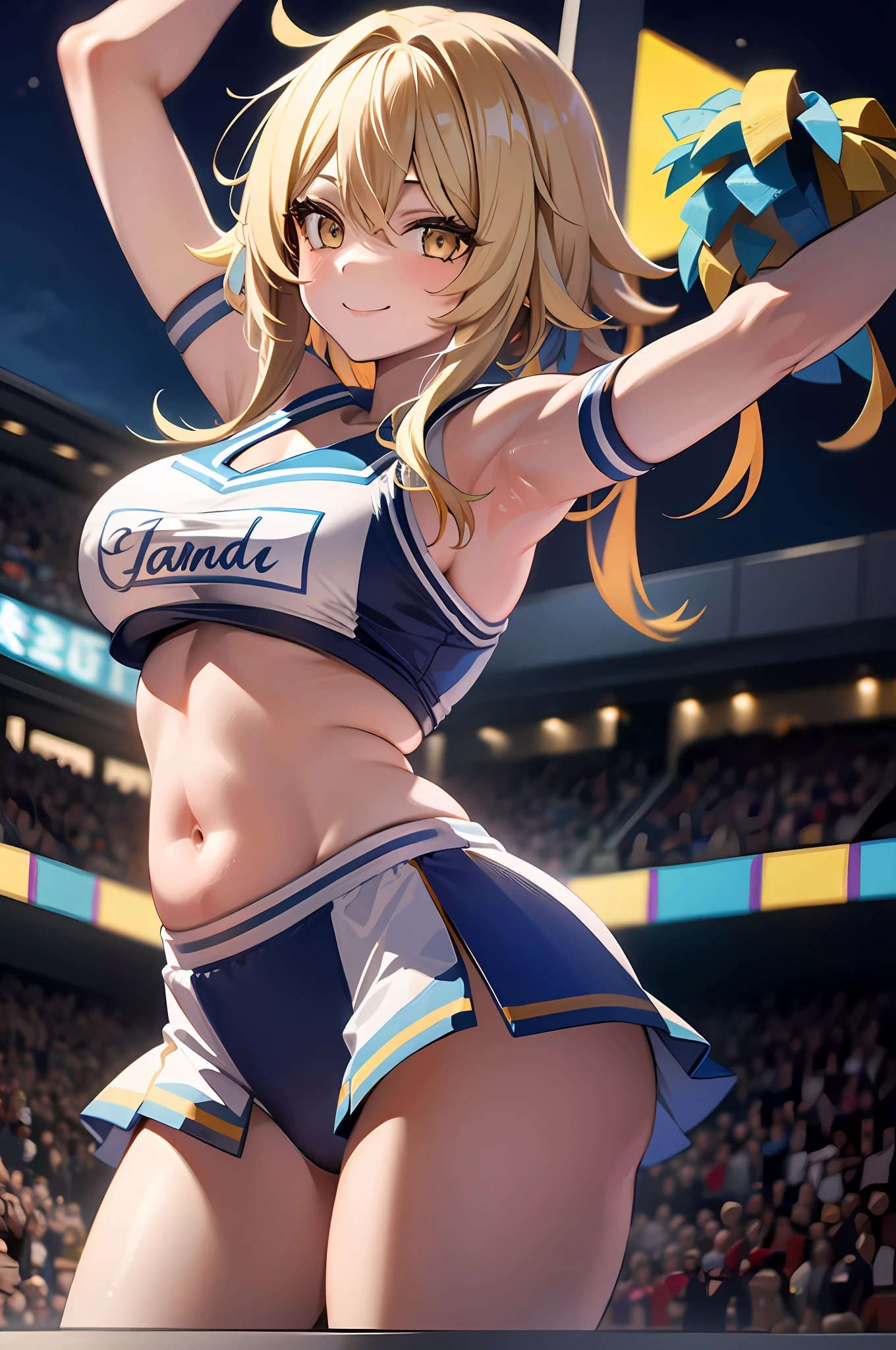 1girl, luminernd, large breasts, cheerleading uniform, belly, night, stadium background, smiling